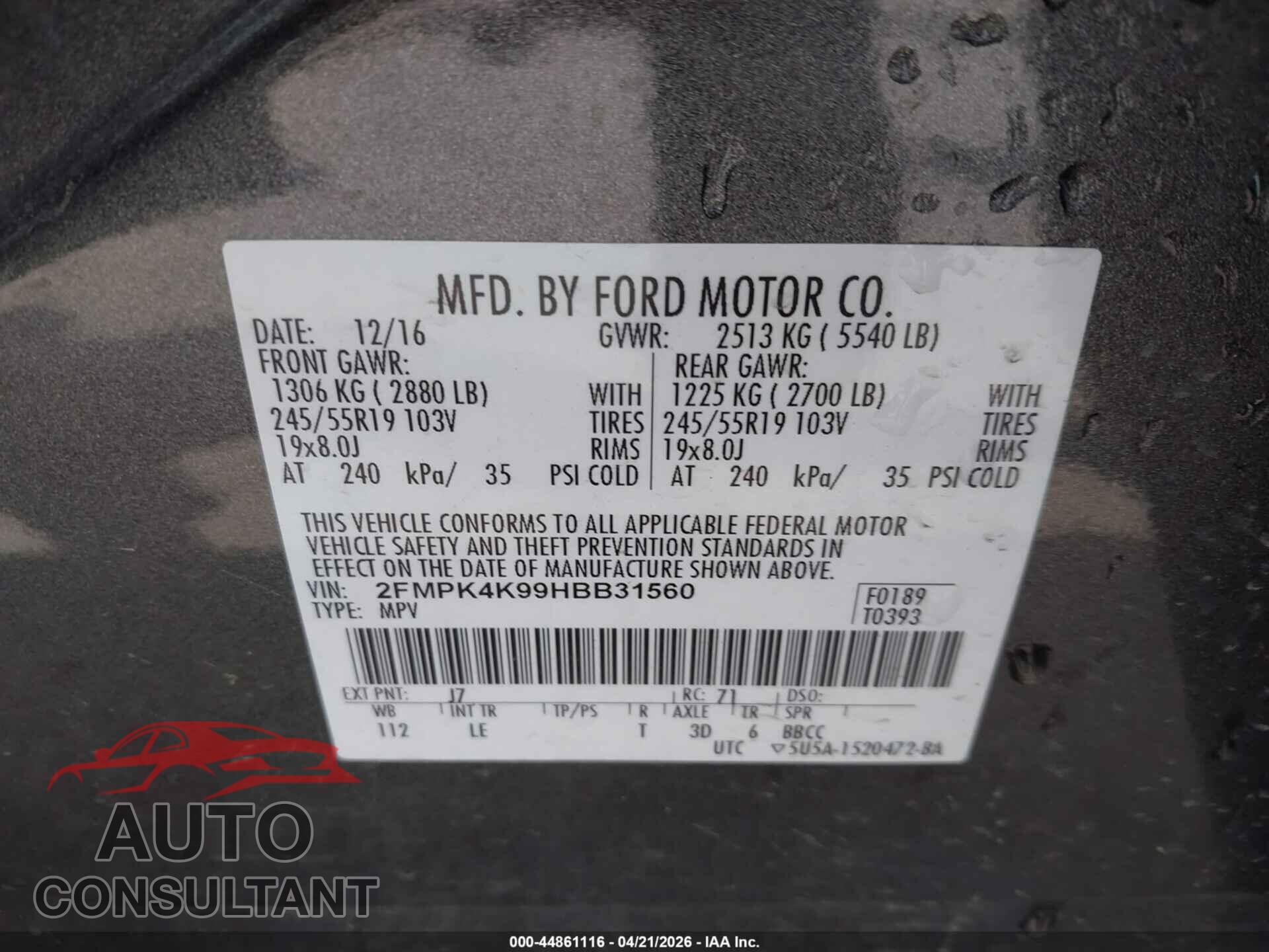 FORD EDGE 2017 - 2FMPK4K99HBB31560