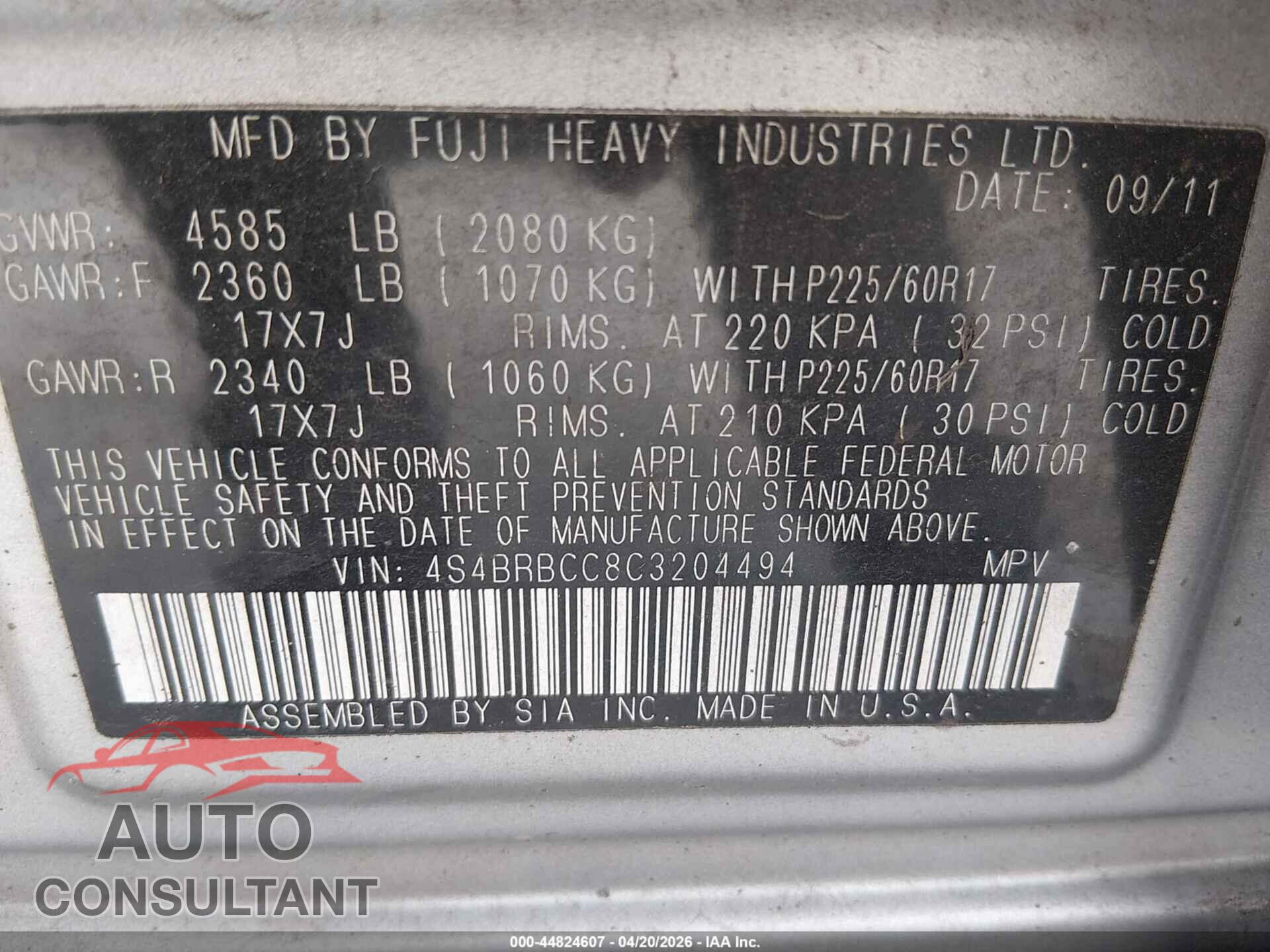 SUBARU OUTBACK 2012 - 4S4BRBCC8C3204494