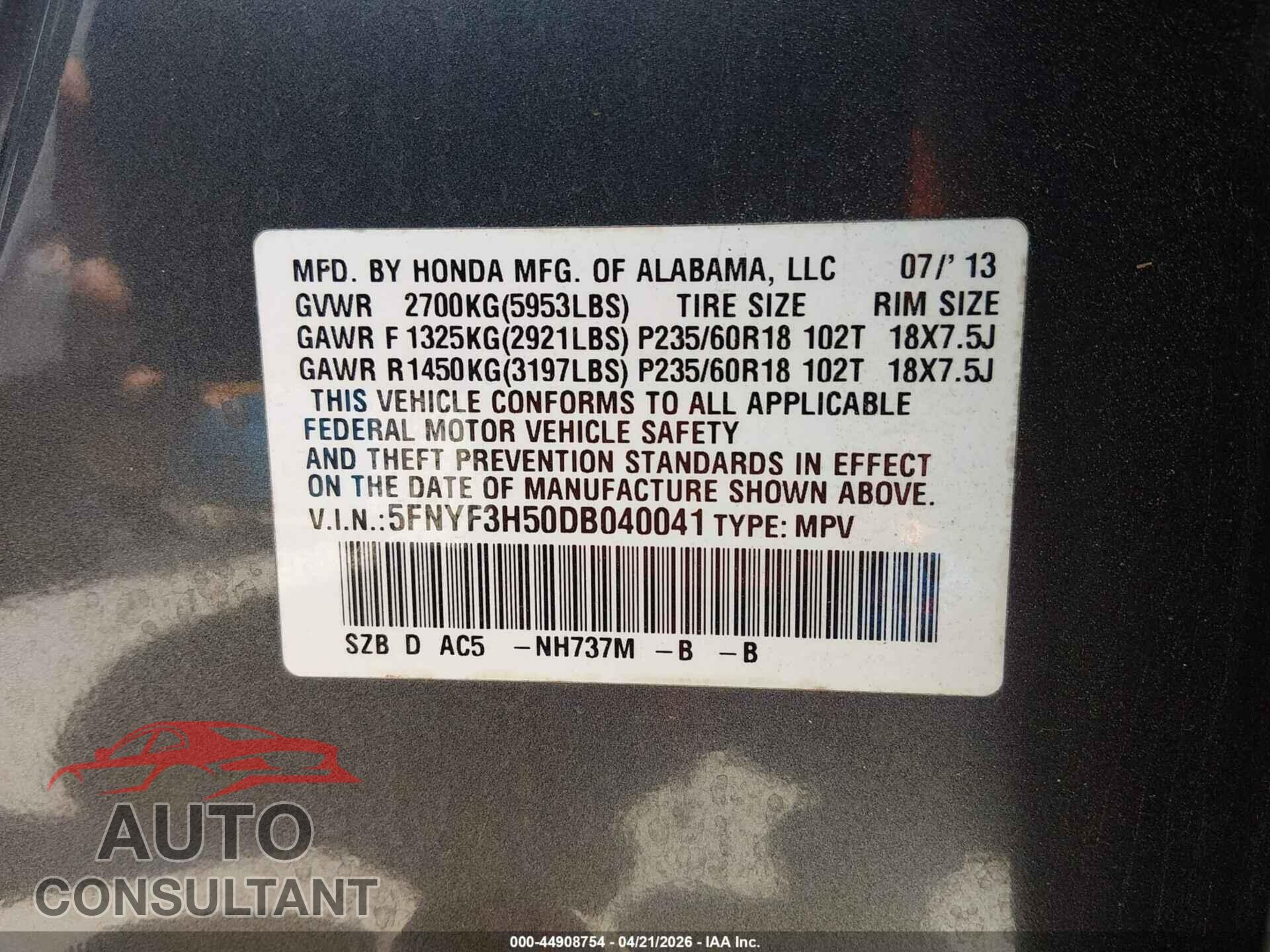 HONDA PILOT 2013 - 5FNYF3H50DB040041