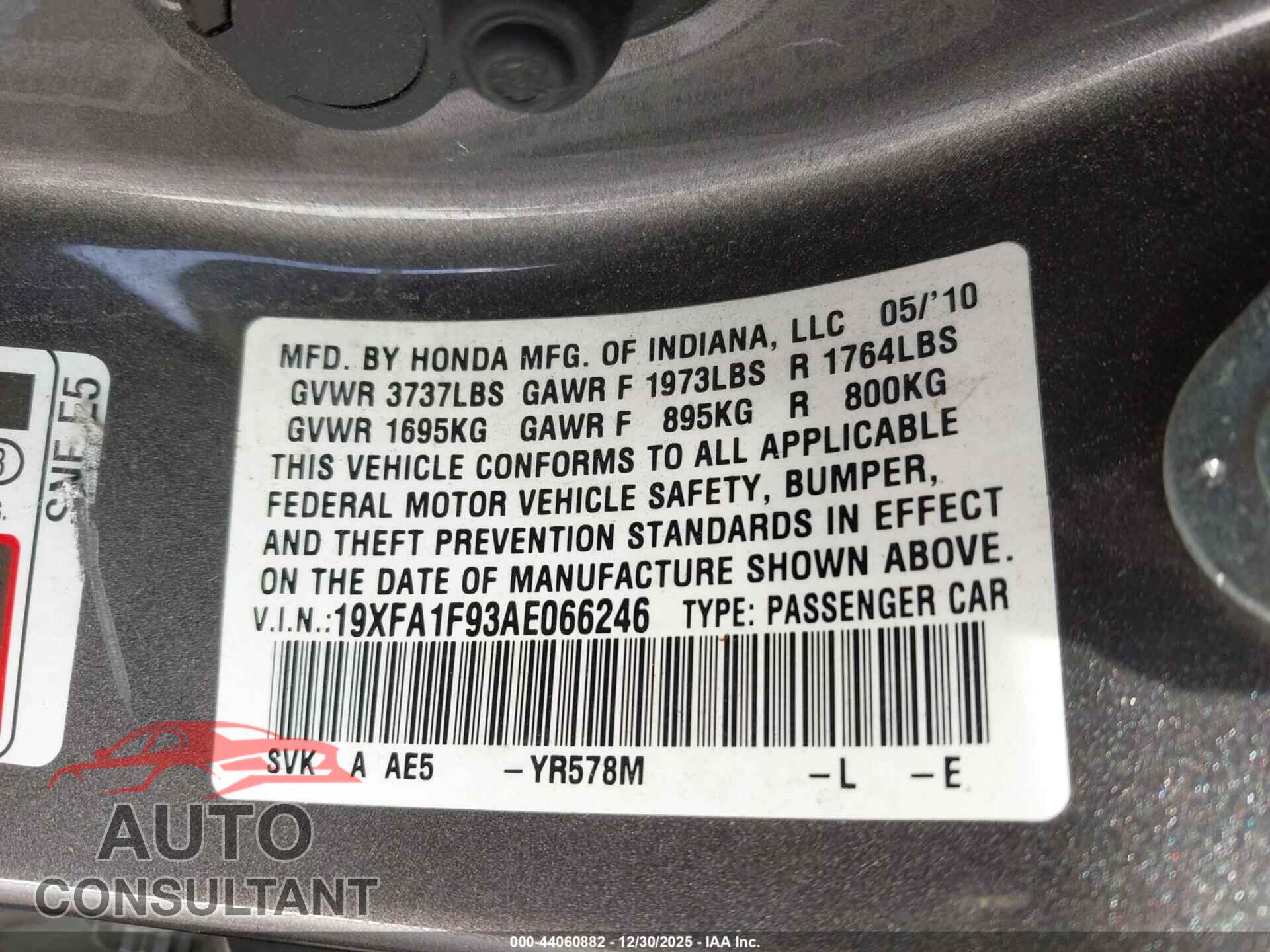 HONDA CIVIC 2010 - 19XFA1F93AE066246
