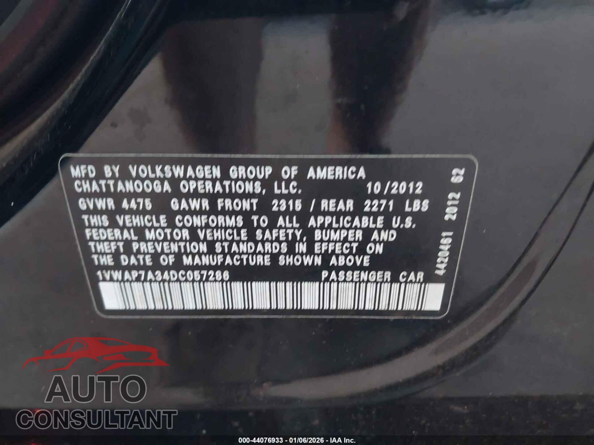 VOLKSWAGEN PASSAT 2013 - 1VWAP7A34DC057286