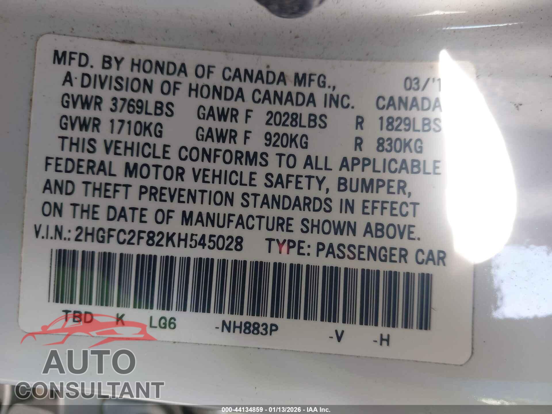 HONDA CIVIC 2019 - 2HGFC2F82KH545028