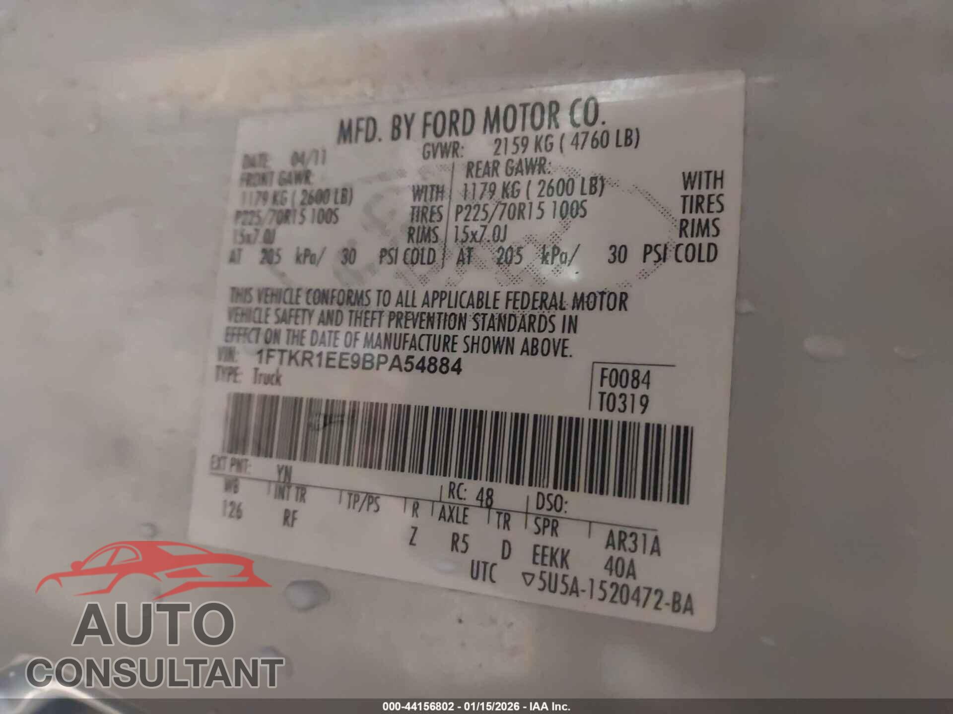 FORD RANGER 2011 - 1FTKR1EE9BPA54884