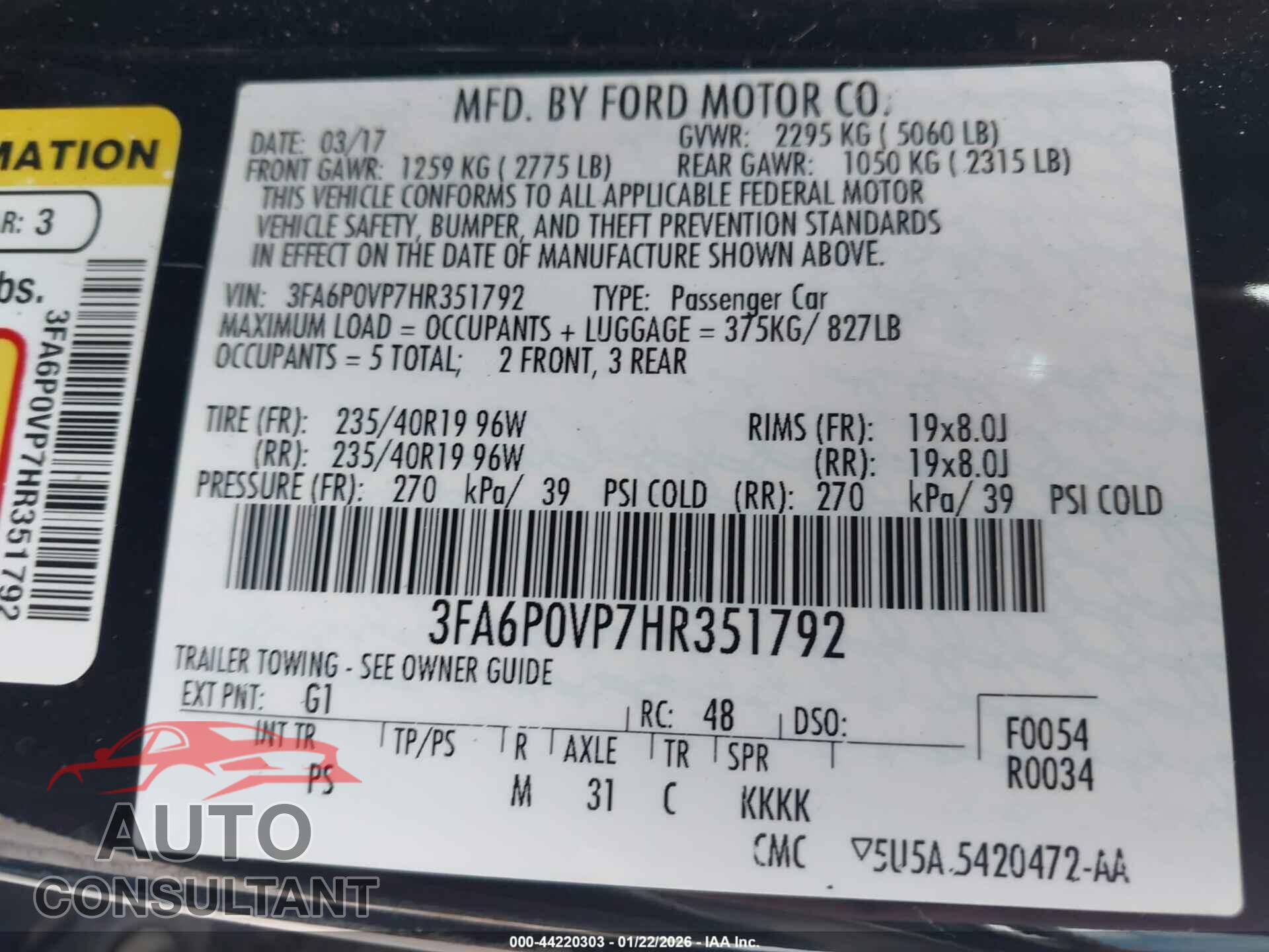 FORD FUSION 2017 - 3FA6P0VP7HR351792