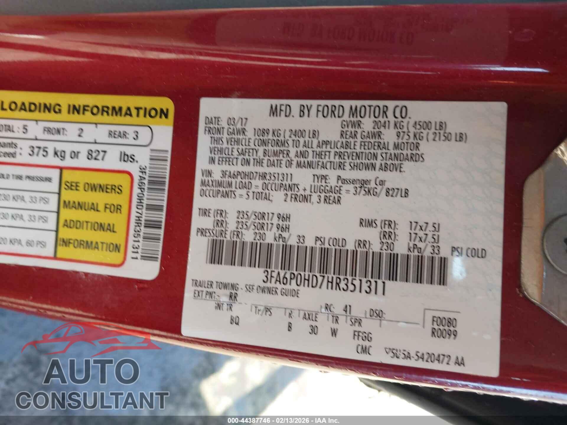 FORD FUSION 2017 - 3FA6P0HD7HR351311