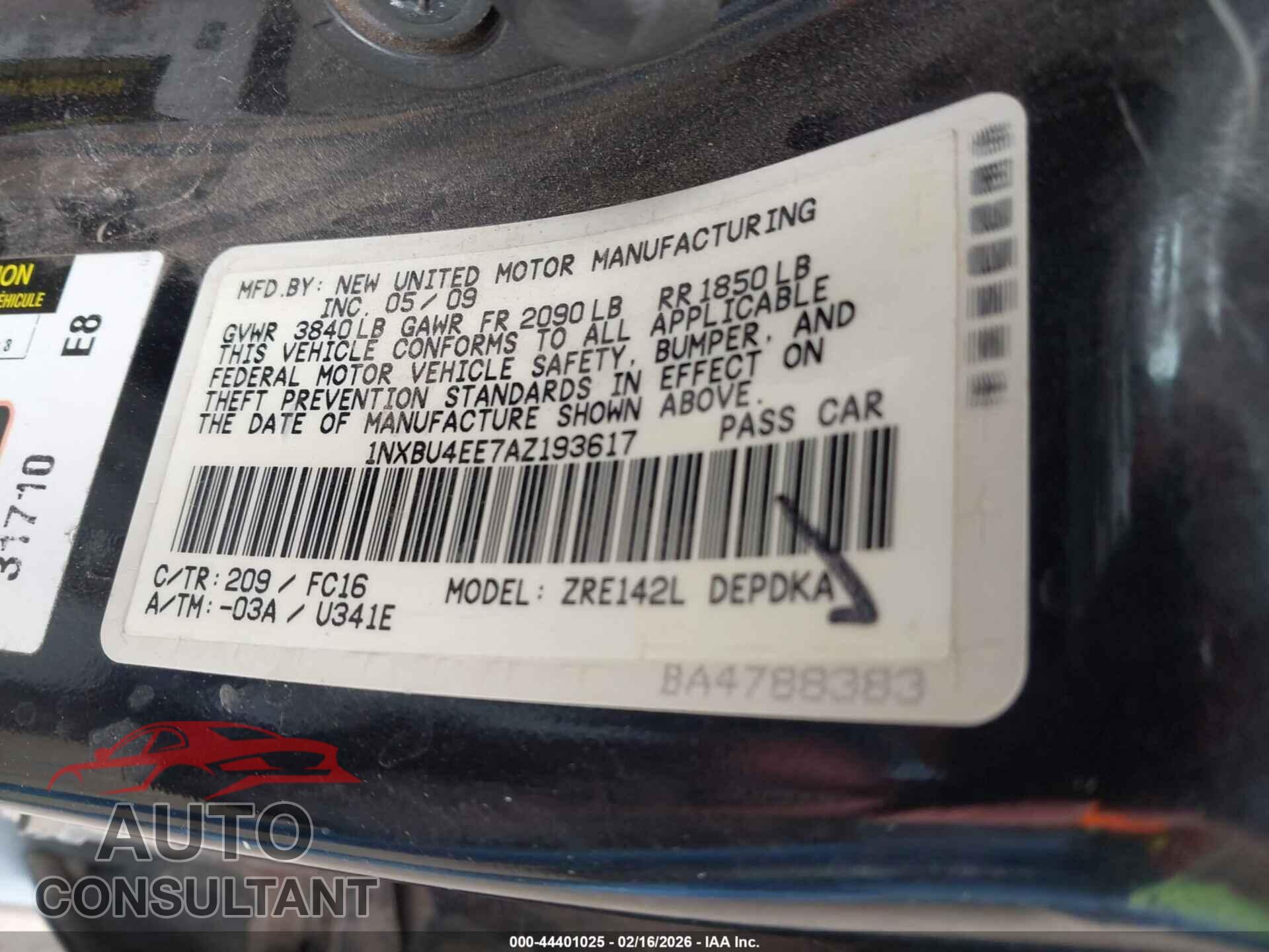 TOYOTA COROLLA 2010 - 1NXBU4EE7AZ193617