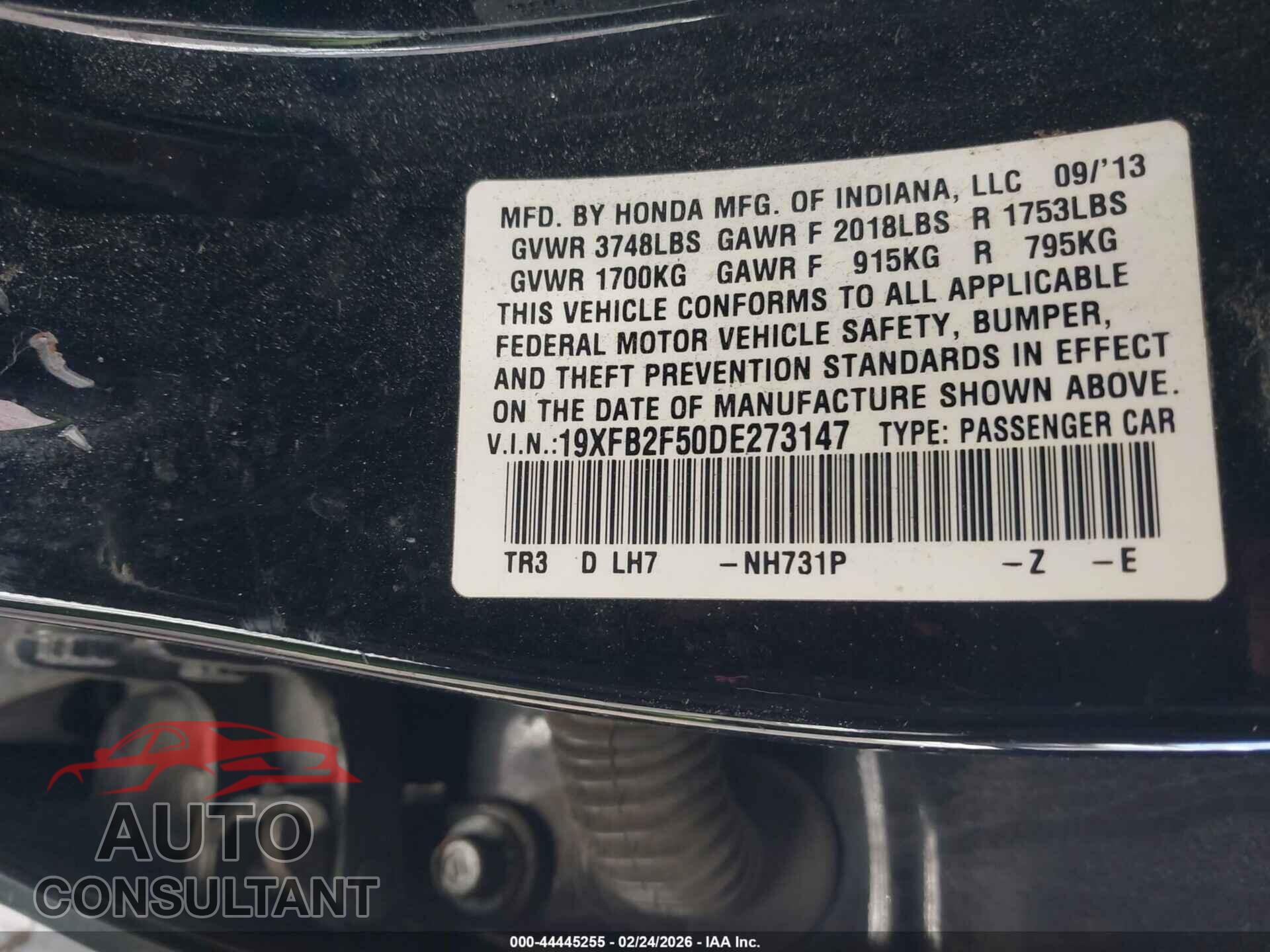 HONDA CIVIC 2013 - 19XFB2F50DE273147