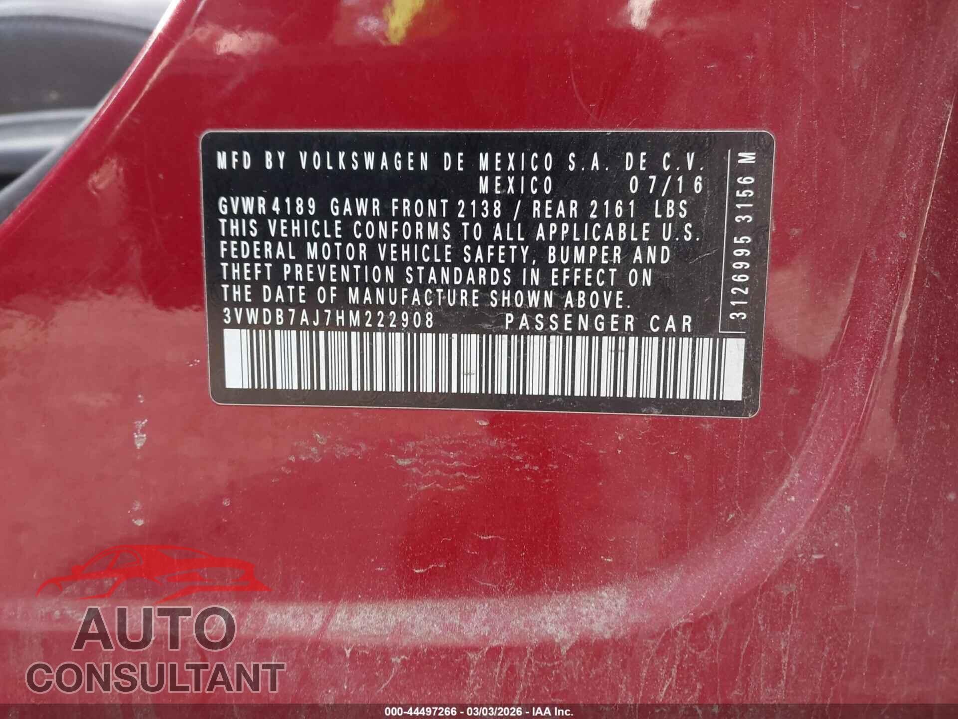 VOLKSWAGEN JETTA 2017 - 3VWDB7AJ7HM222908