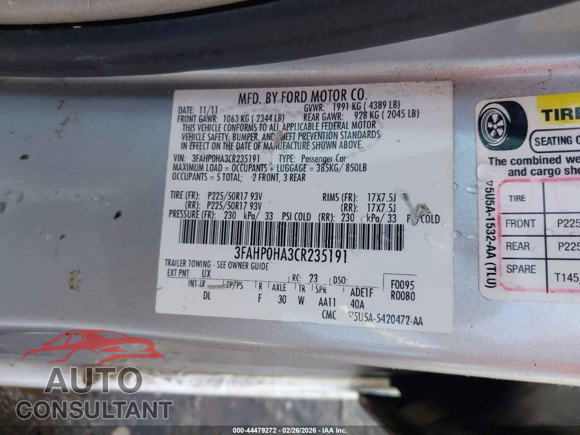 FORD FUSION 2012 - 3FAHP0HA3CR235191