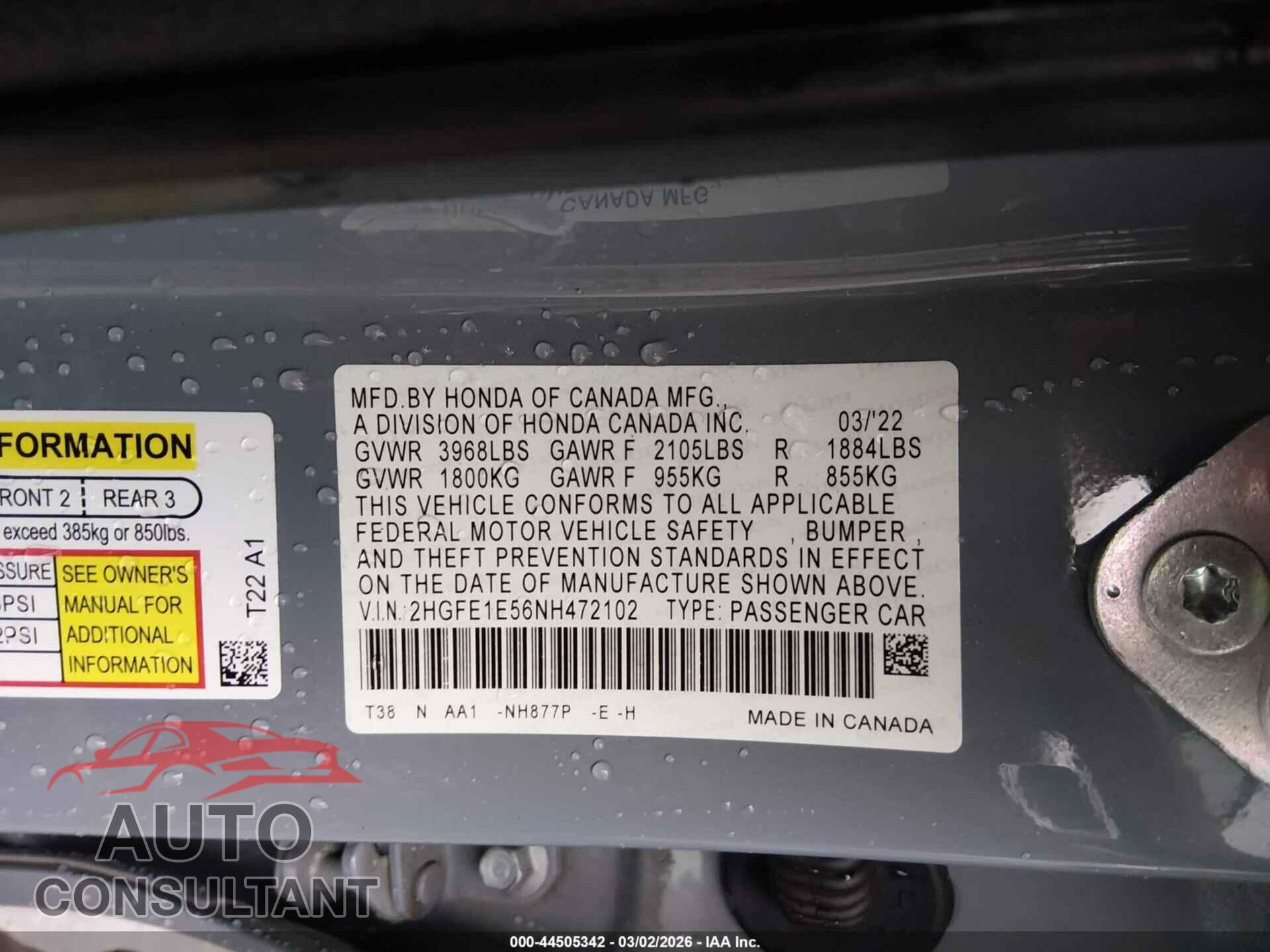 HONDA CIVIC SI 2022 - 2HGFE1E56NH472102