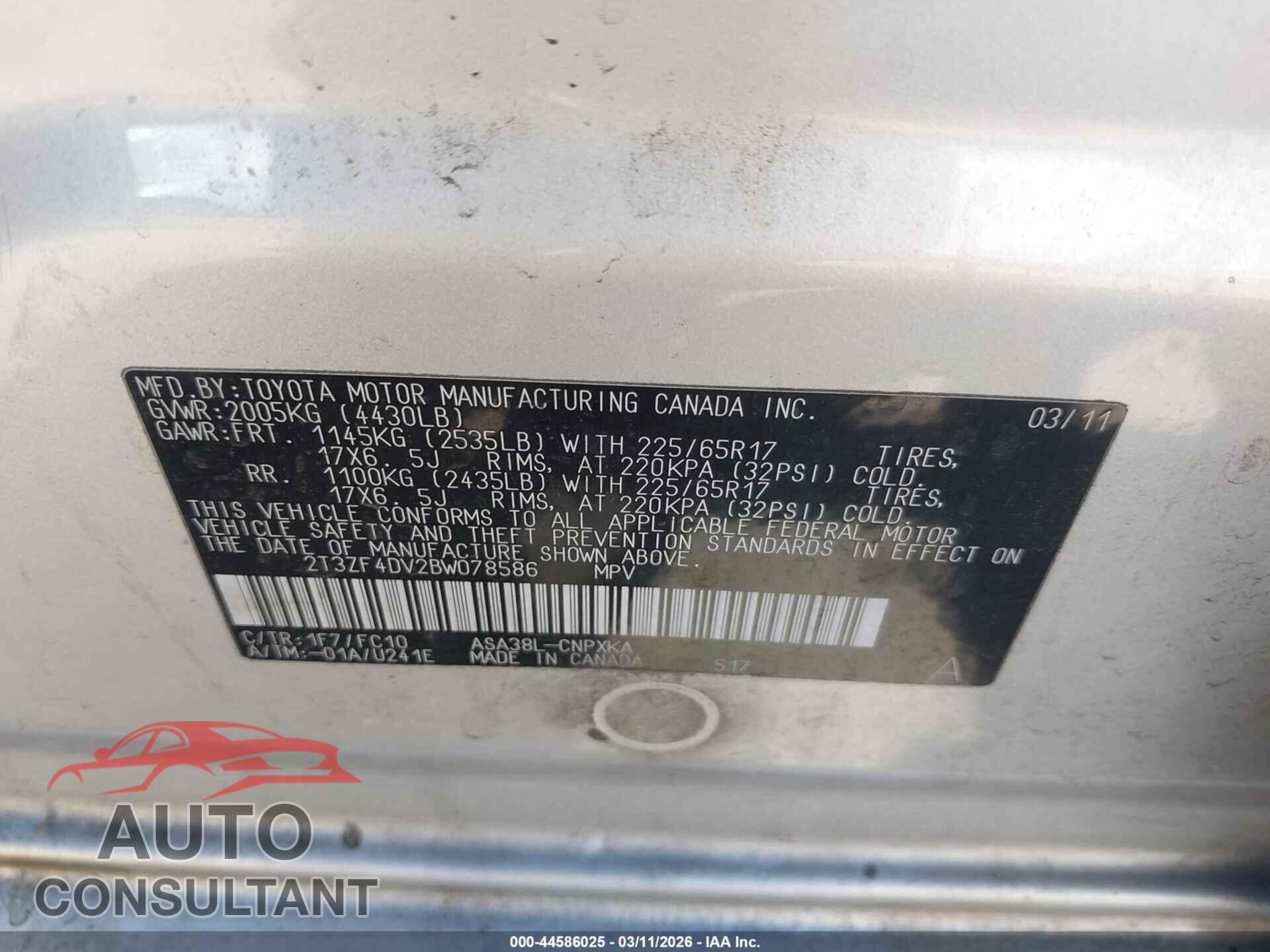 TOYOTA RAV4 2011 - 2T3ZF4DV2BW078586