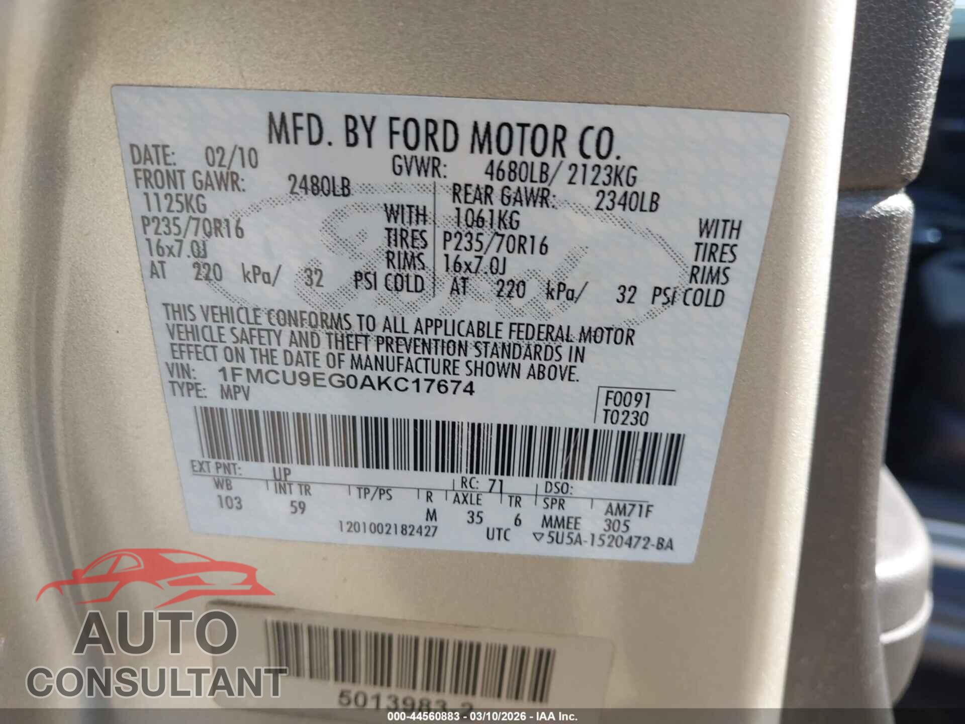FORD ESCAPE 2010 - 1FMCU9EG0AKC17674