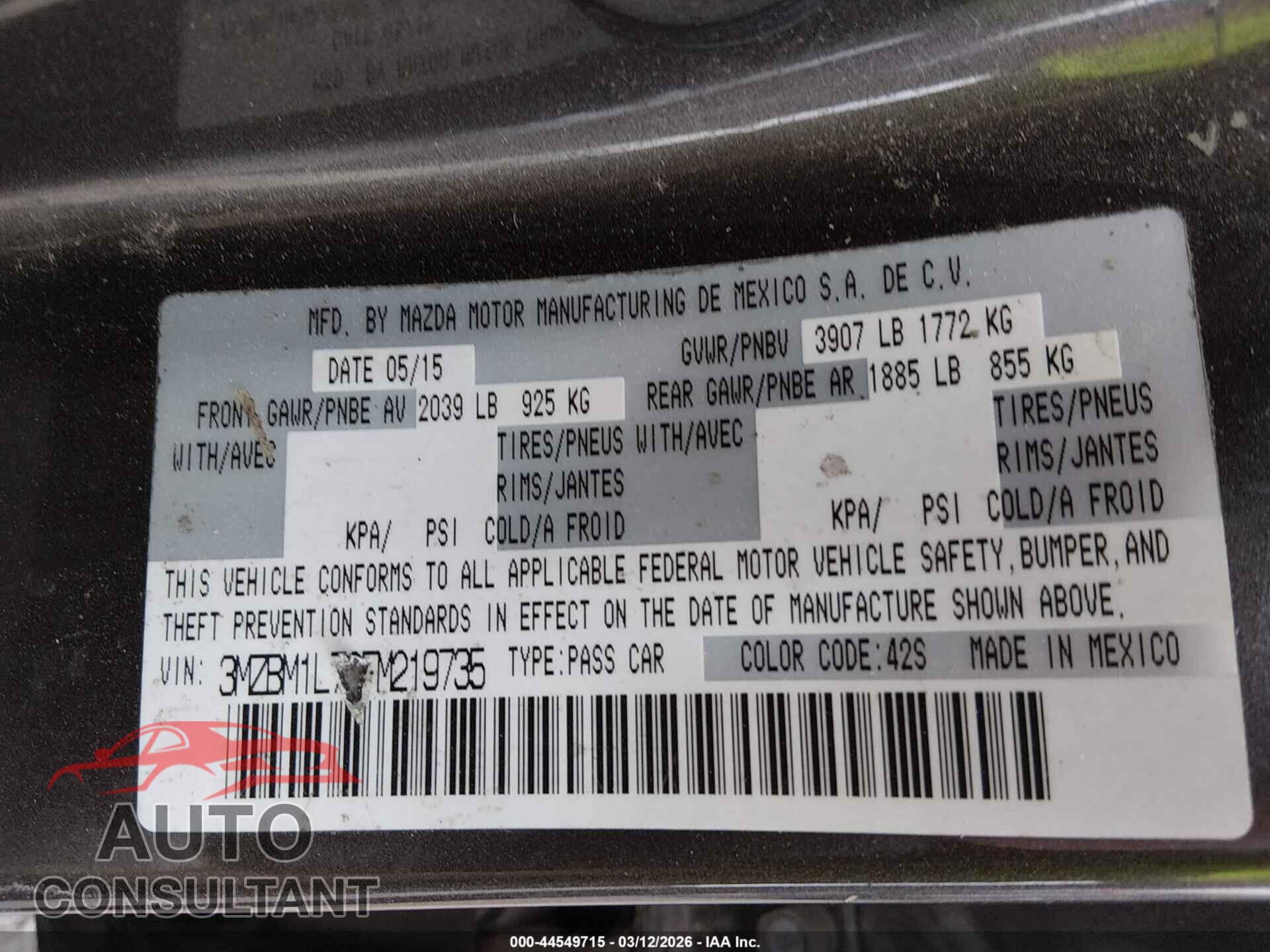 MAZDA MAZDA3 2015 - 3MZBM1L72FM219735