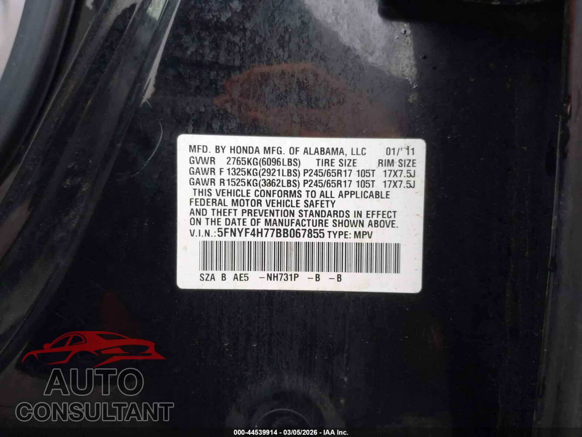 HONDA PILOT 2011 - 5FNYF4H77BB067855