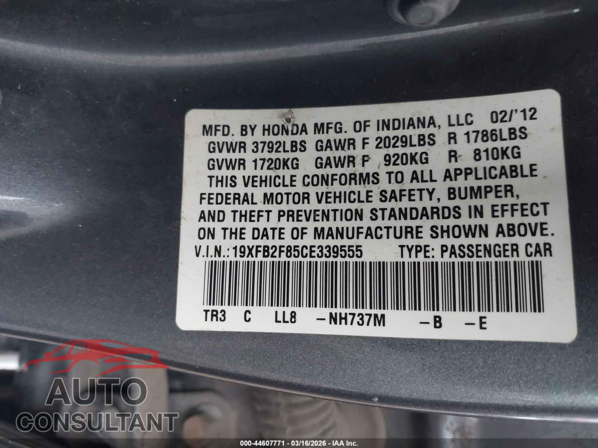 HONDA CIVIC 2012 - 19XFB2F85CE339555