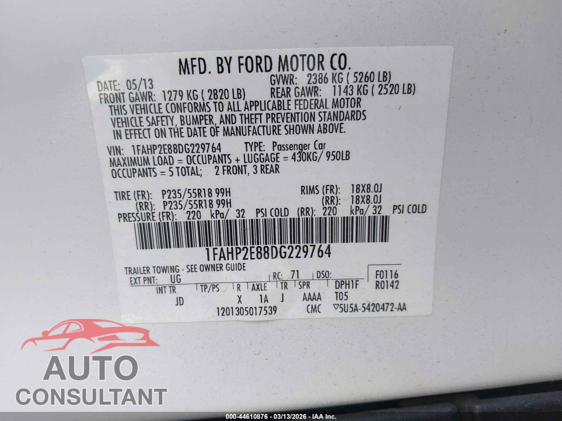 FORD TAURUS 2013 - 1FAHP2E88DG229764