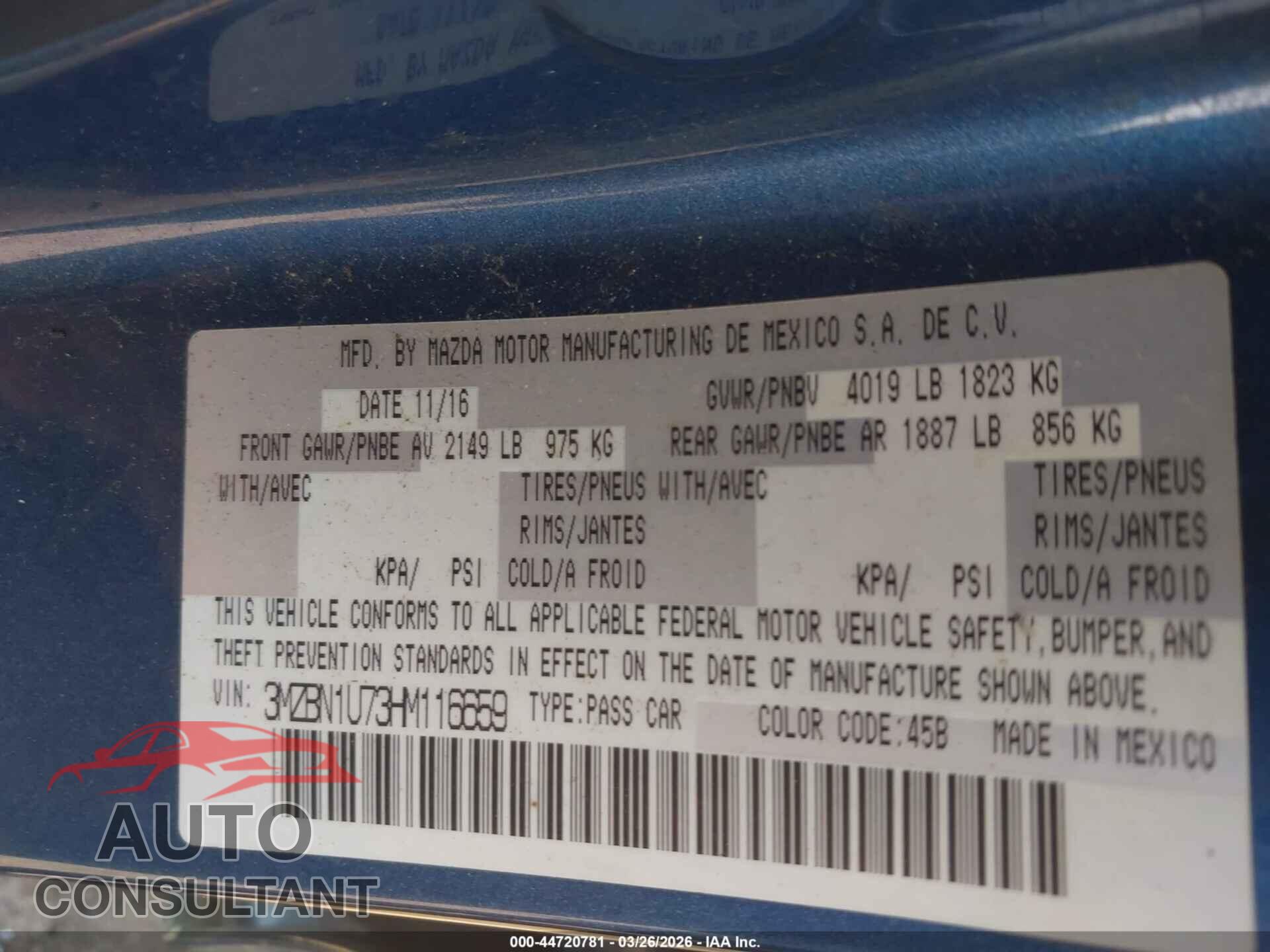 MAZDA MAZDA3 2017 - 3MZBN1U73HM116659