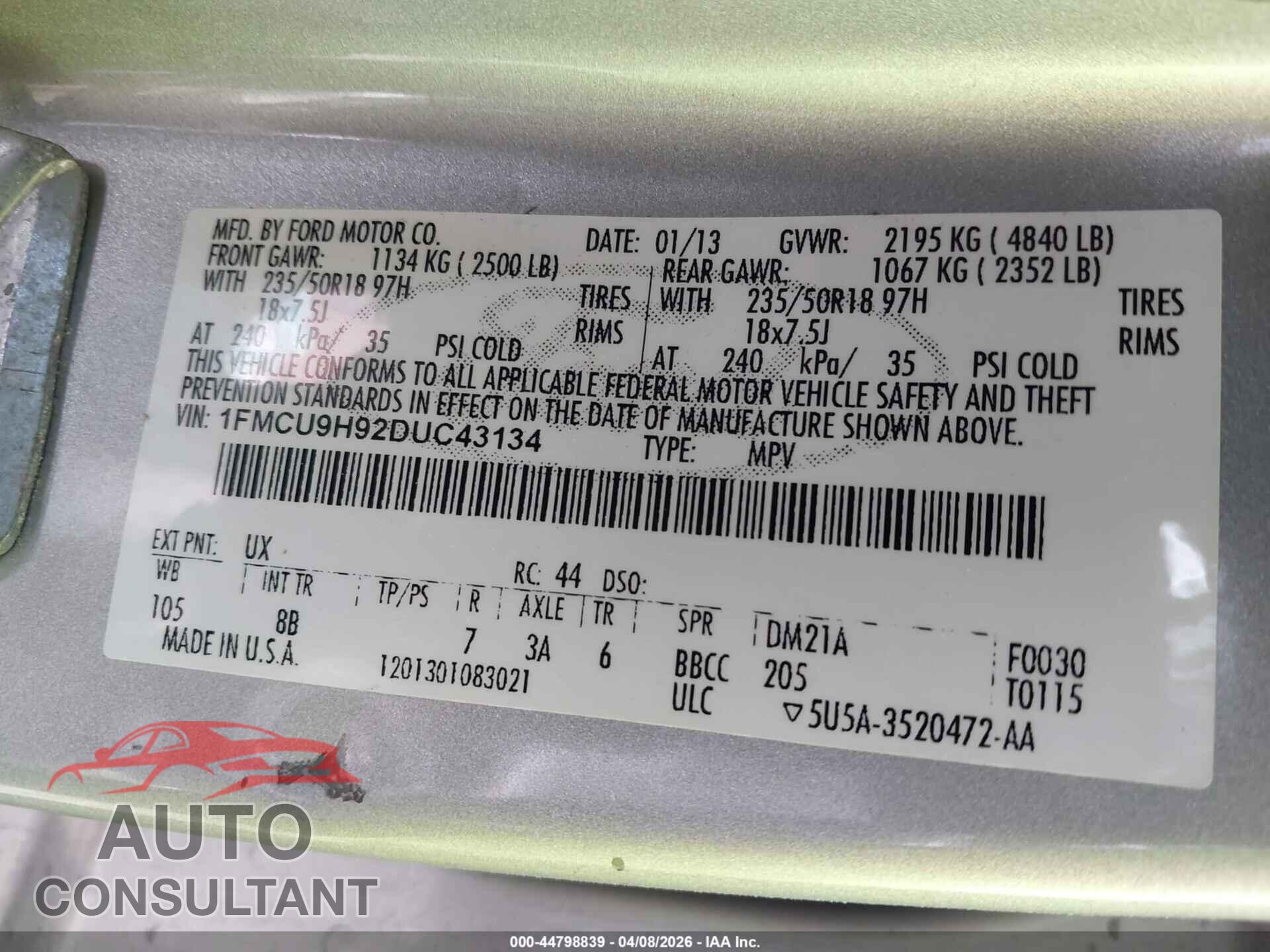 FORD ESCAPE 2013 - 1FMCU9H92DUC43134
