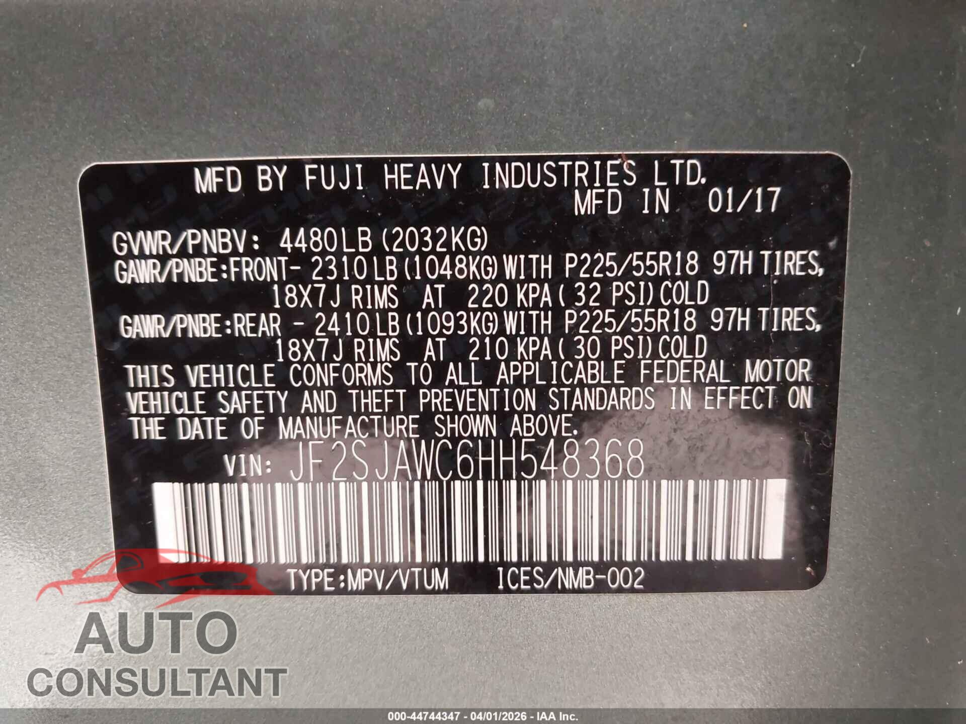 SUBARU FORESTER 2017 - JF2SJAWC6HH548368