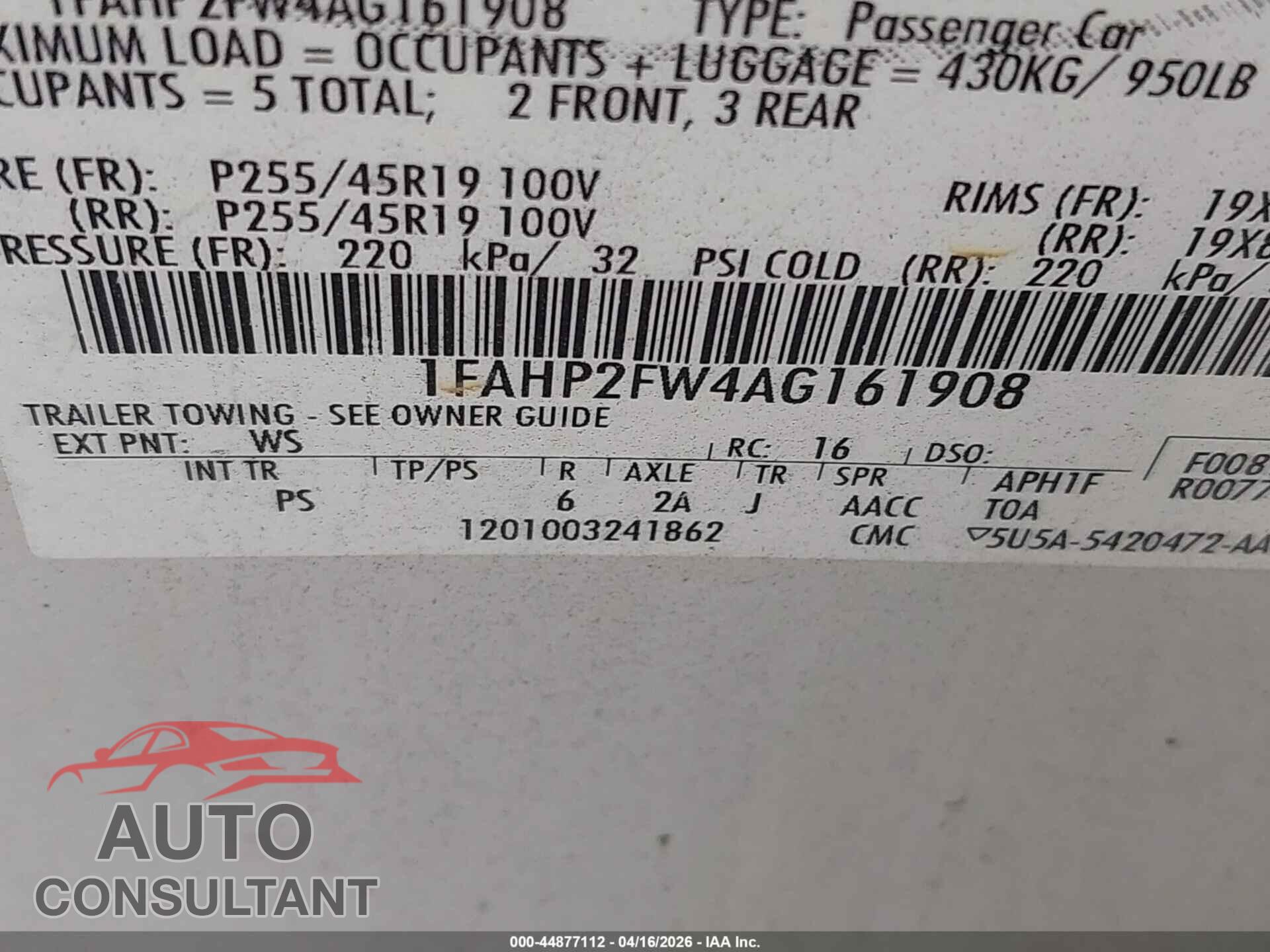 FORD TAURUS 2010 - 1FAHP2FW4AG161908