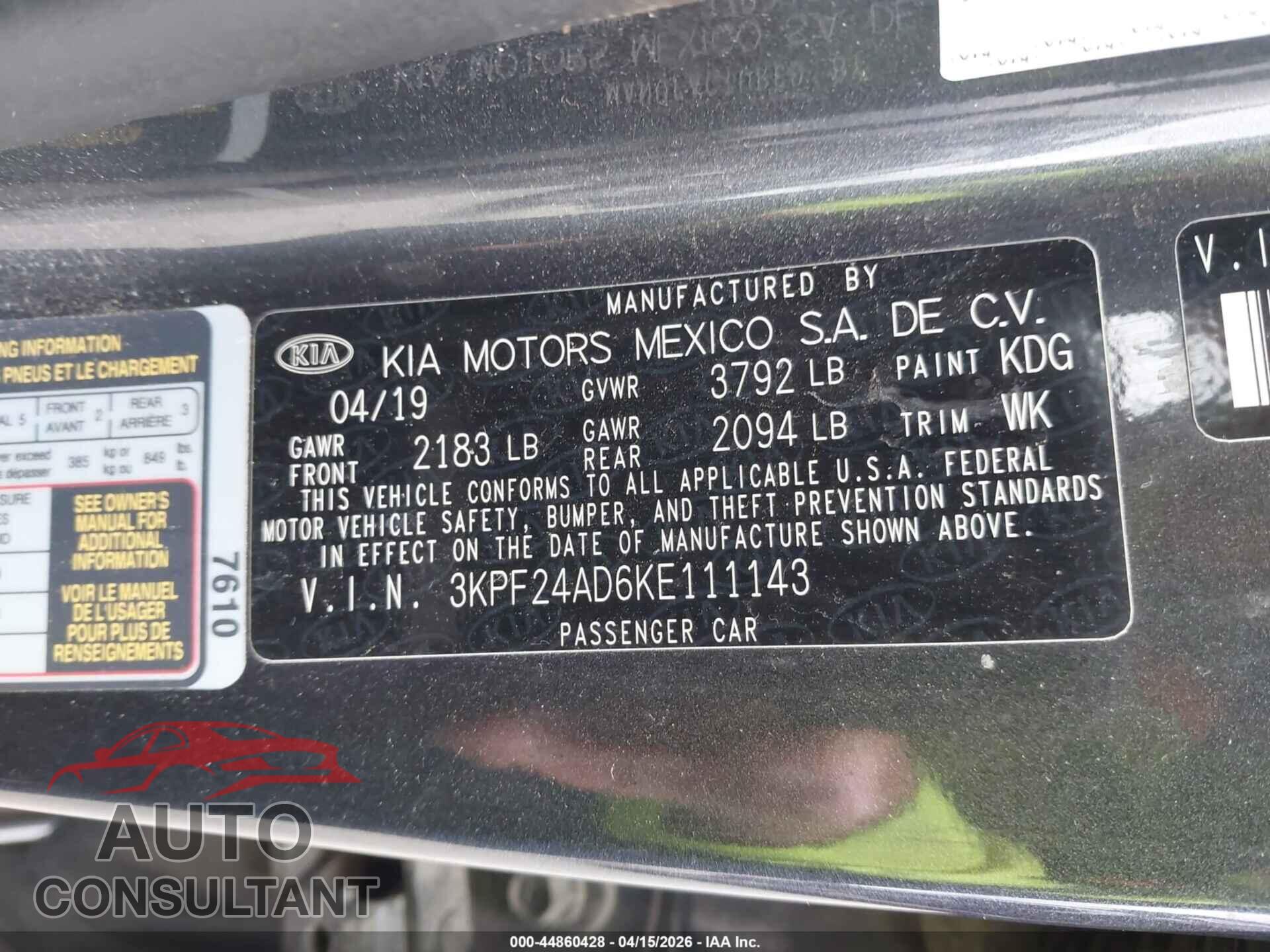 KIA FORTE 2019 - 3KPF24AD6KE111143