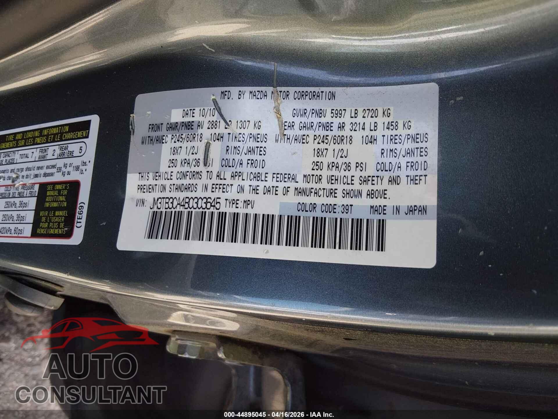 MAZDA CX-9 2011 - JM3TB3CA4B0303645
