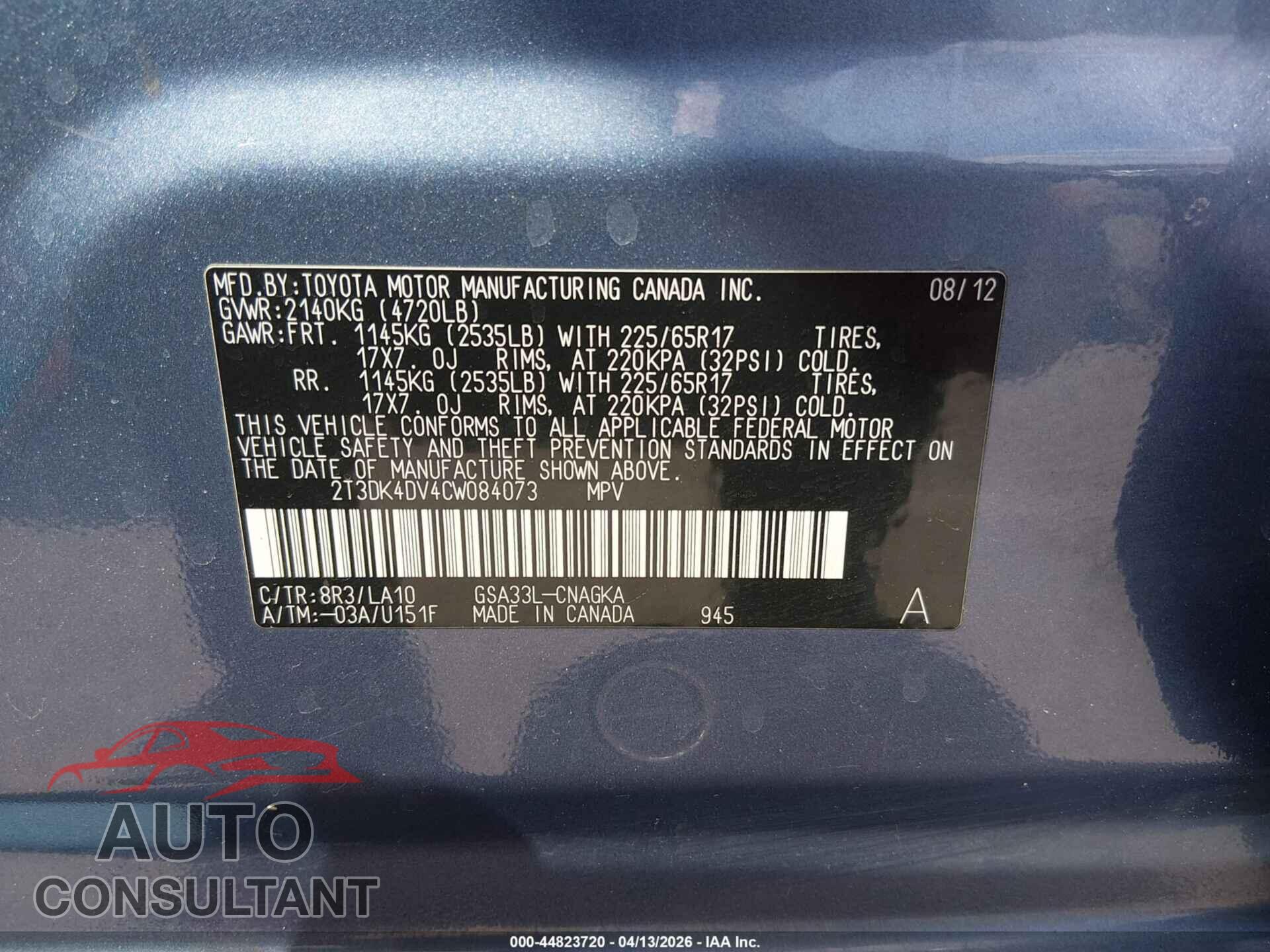 TOYOTA RAV4 2012 - 2T3DK4DV4CW084073