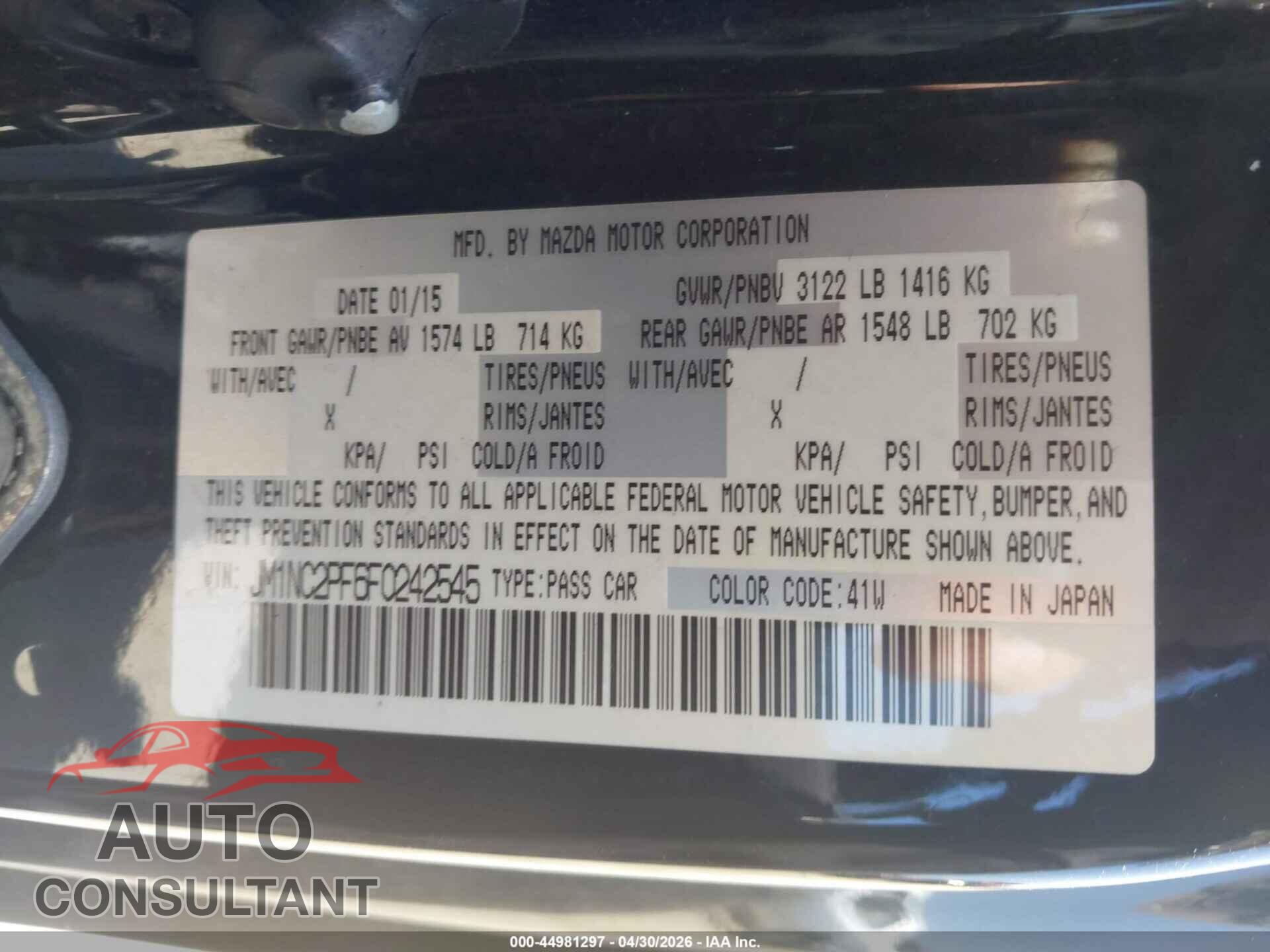 MAZDA MX-5 MIATA 2015 - JM1NC2PF6F0242545