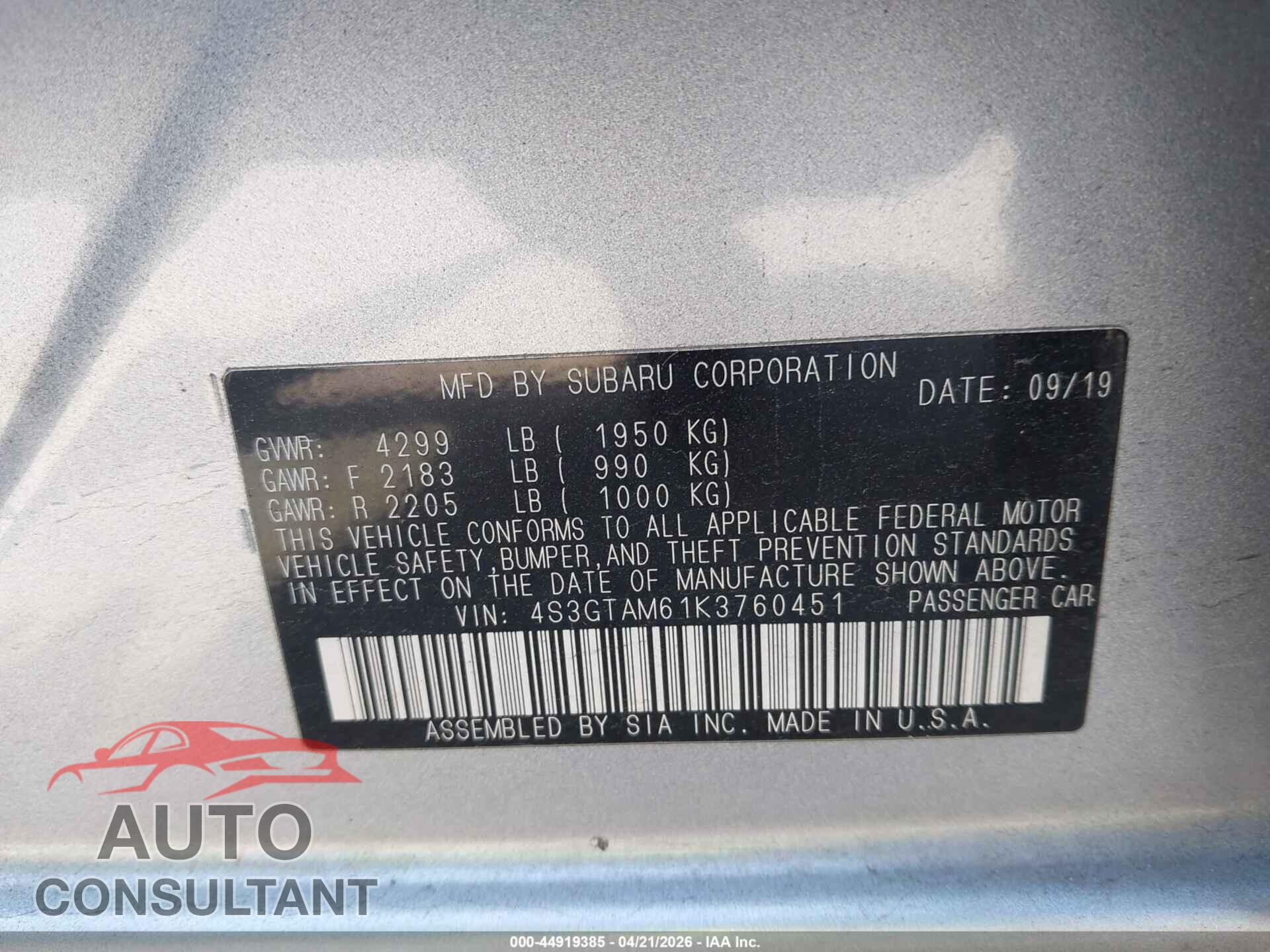 SUBARU IMPREZA 2019 - 4S3GKAD63K3616855
