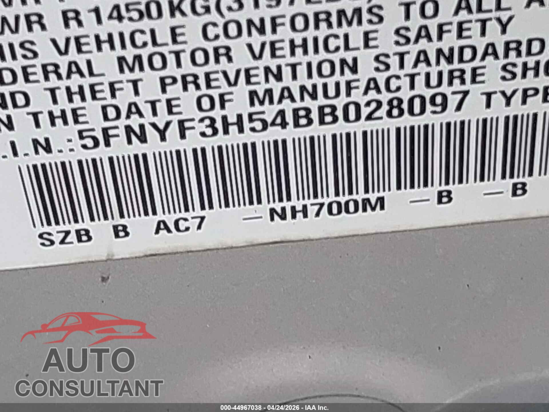 HONDA PILOT 2011 - 5FNYF3H54BB028097