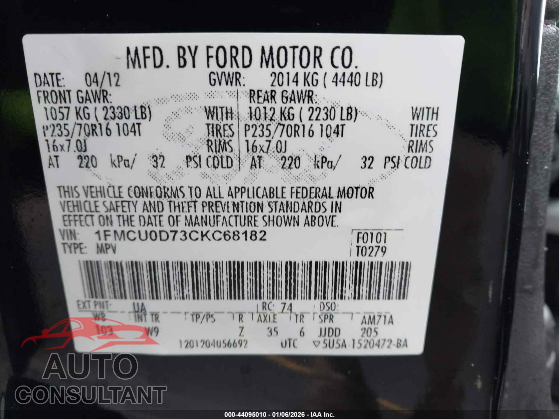 FORD ESCAPE 2012 - 1FMCU0D73CKC68182