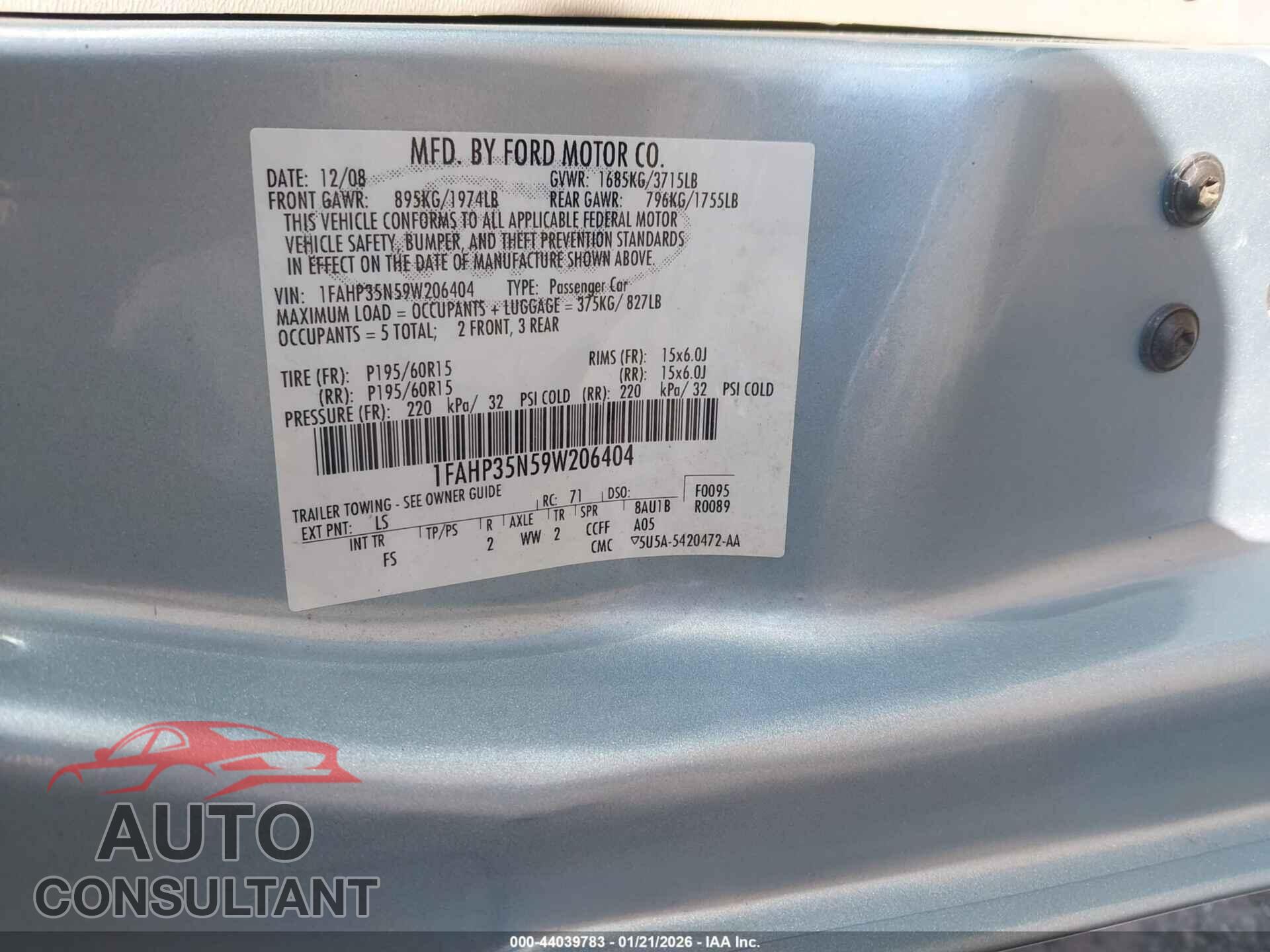 FORD FOCUS 2009 - 1FAHP35N59W206404