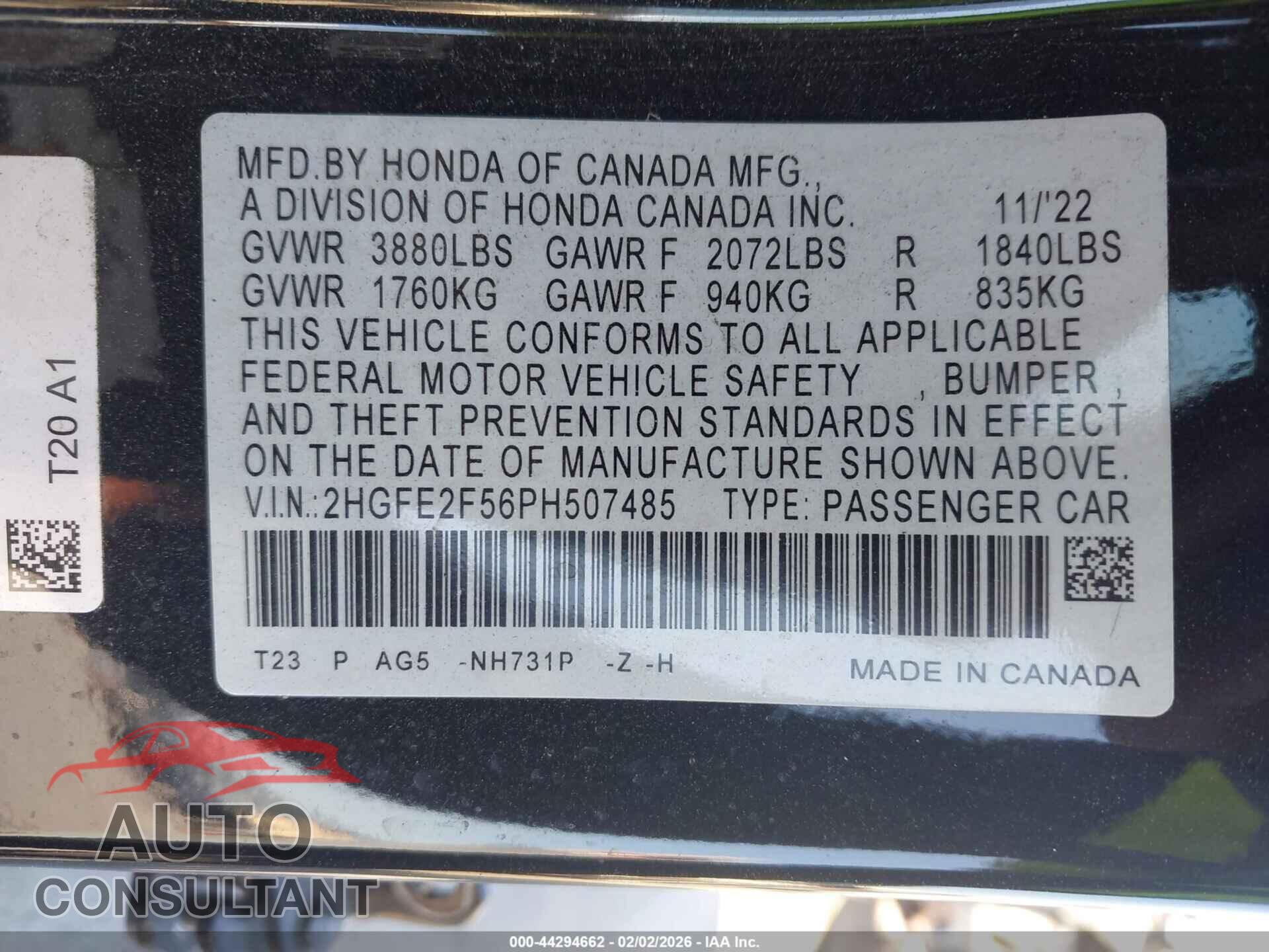 HONDA CIVIC 2023 - 2HGFE2F56PH507485