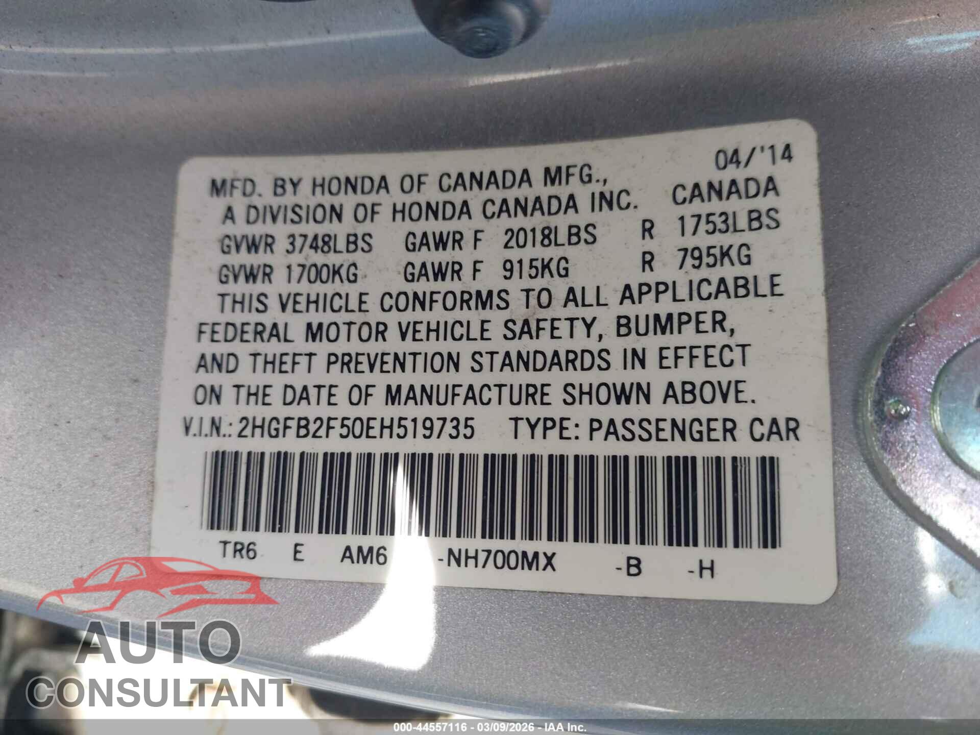 HONDA CIVIC 2014 - 2HGFB2F50EH519735