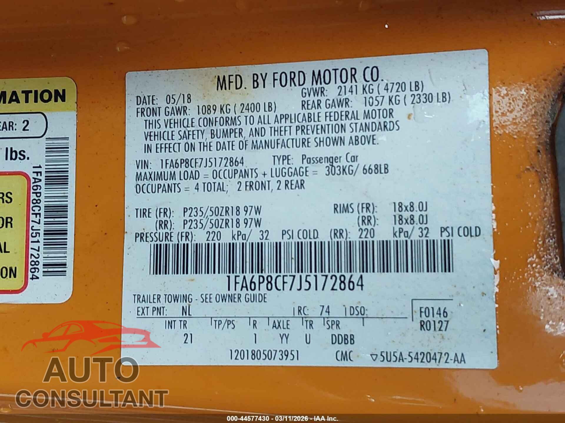 FORD MUSTANG 2018 - 1FA6P8CF7J5172864