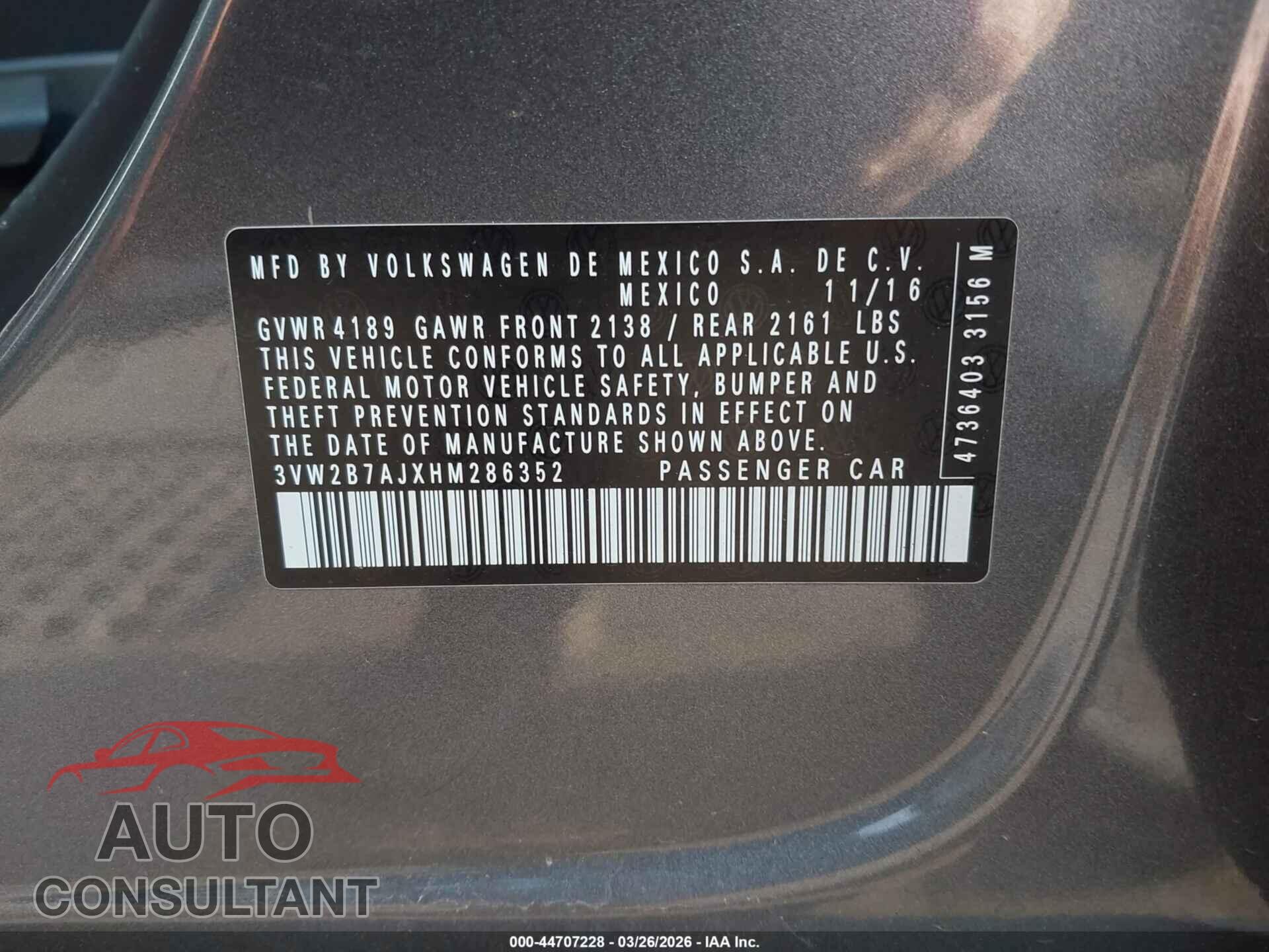 VOLKSWAGEN JETTA 2017 - 3VW2B7AJXHM286352