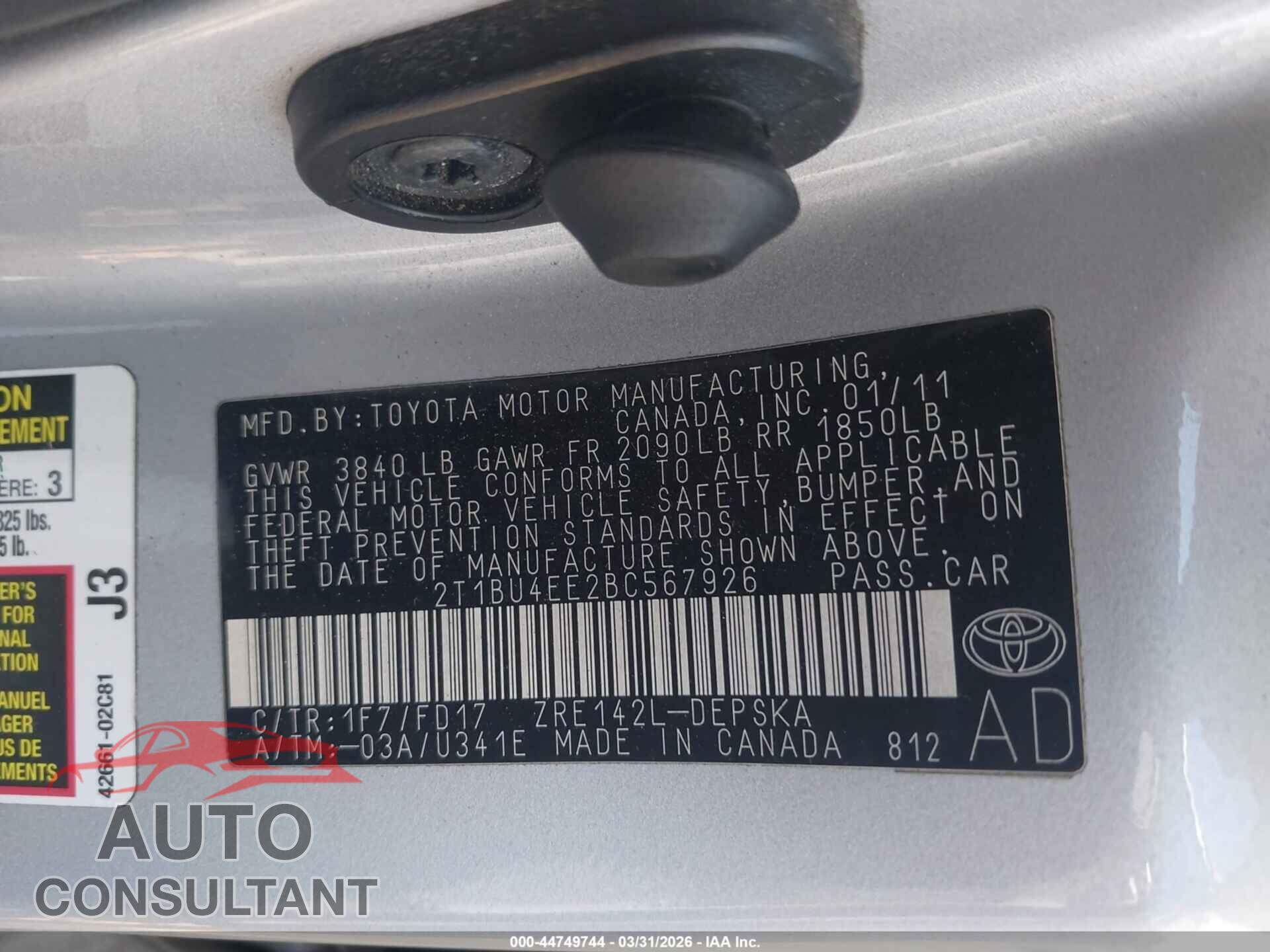 TOYOTA COROLLA 2011 - 2T1BU4EE2BC567926