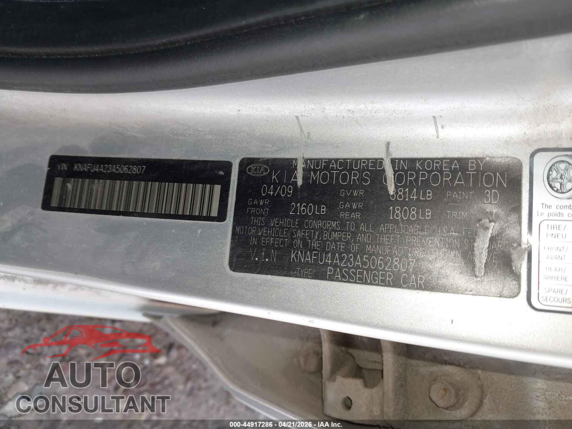 KIA FORTE 2010 - KNAFU4A23A5062807