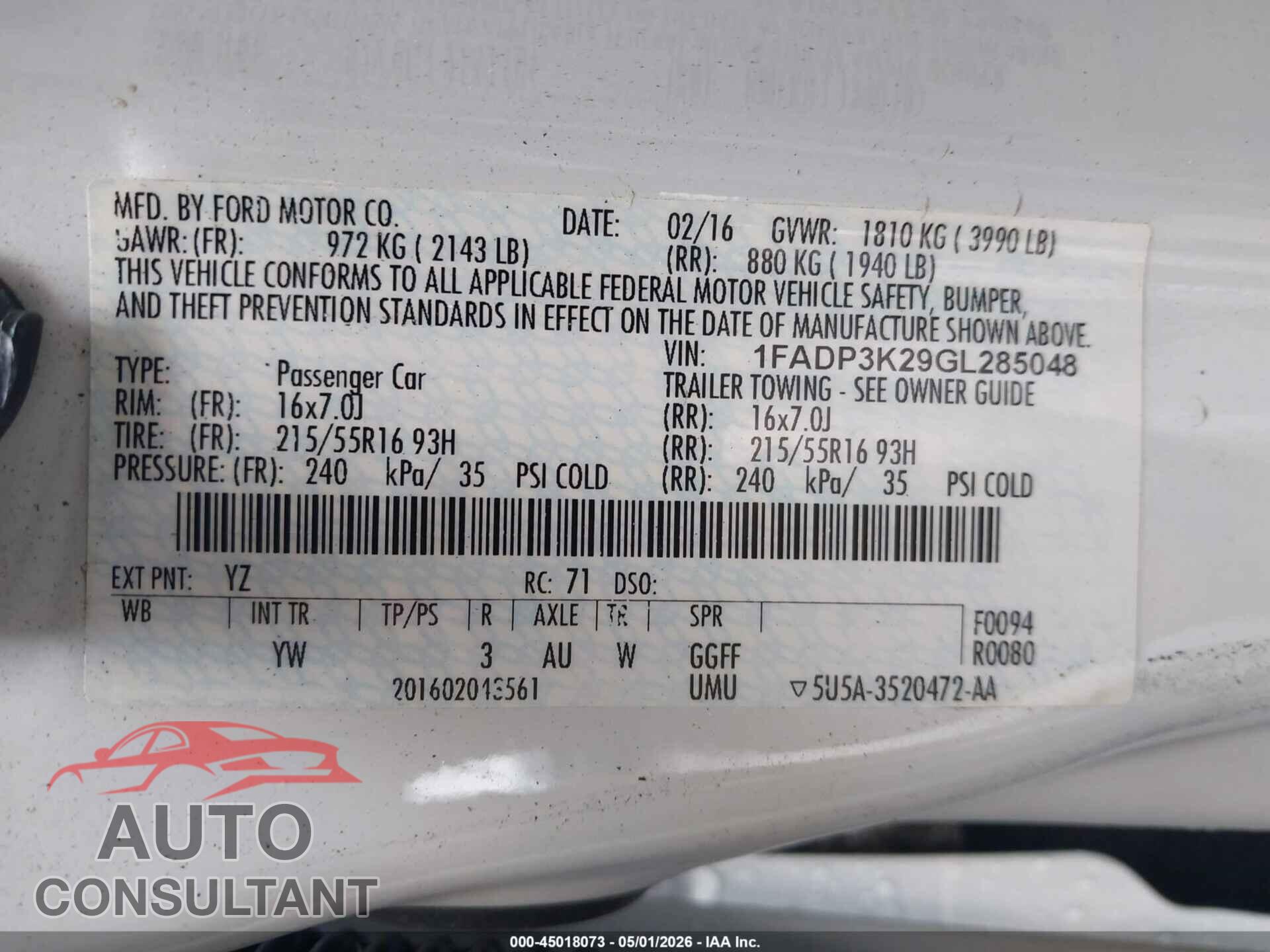 FORD FOCUS 2016 - 1FADP3K29GL285048