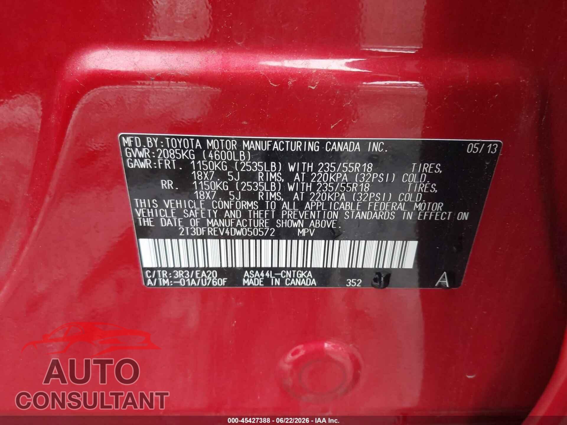 TOYOTA RAV4 2013 - 2T3DFREV4DW050572