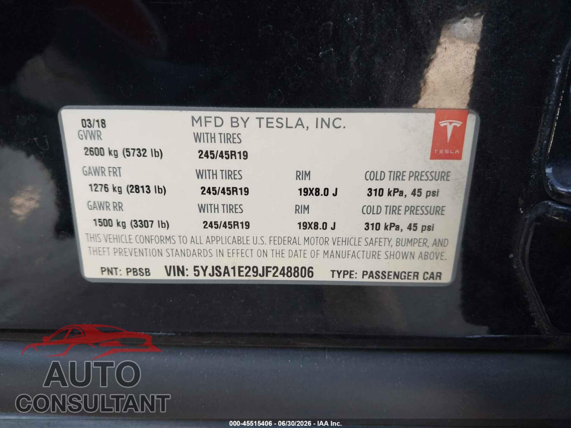 TESLA MODEL S 2018 - 5YJSA1E29JF248806