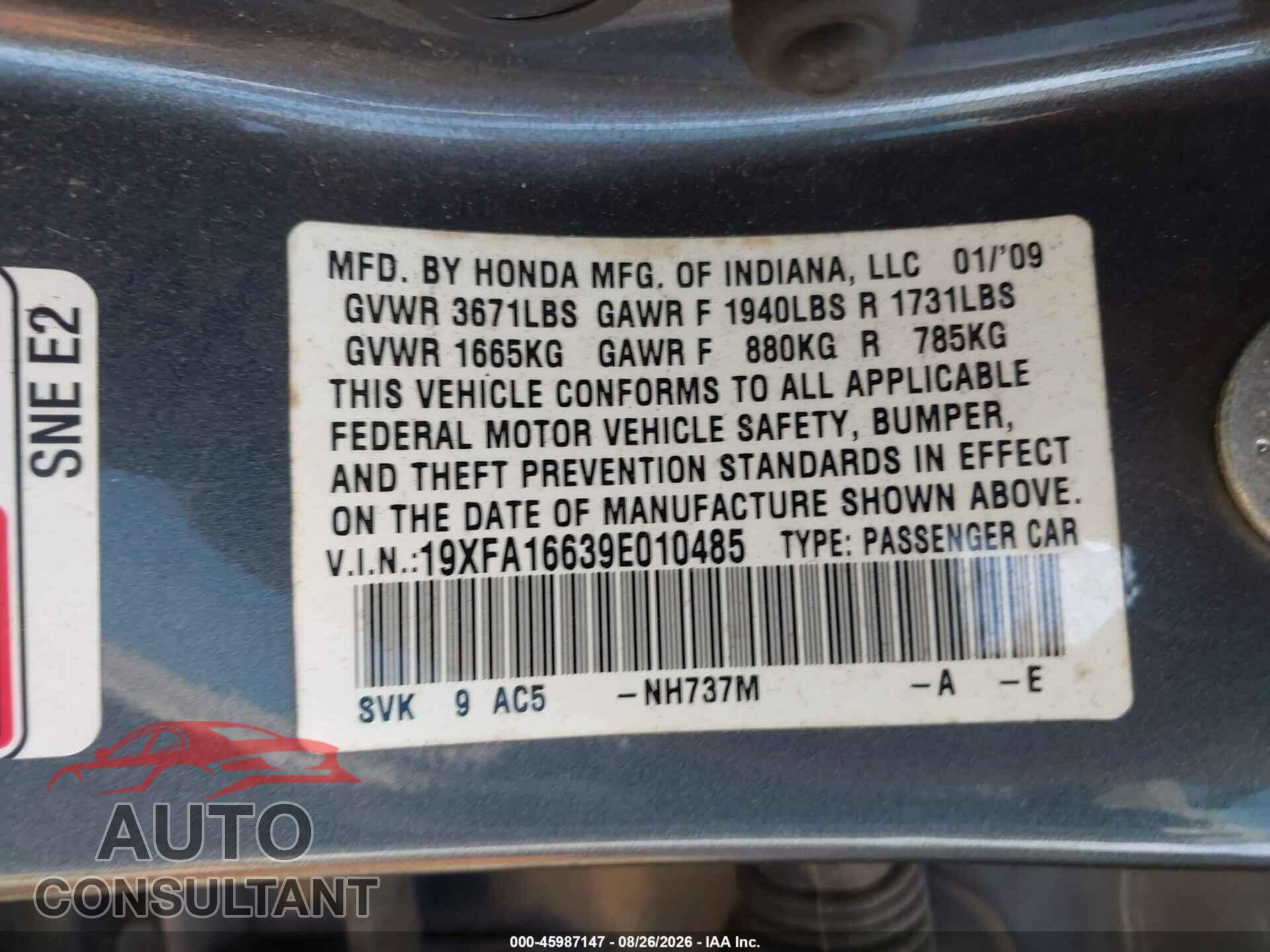 HONDA CIVIC 2009 - 19XFA16639E010485