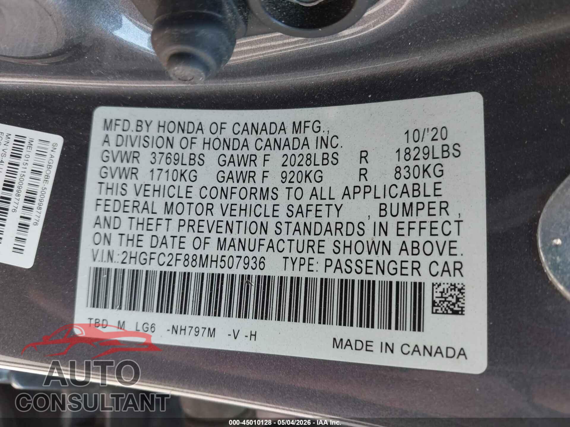 HONDA CIVIC 2021 - 2HGFC2F88MH507936