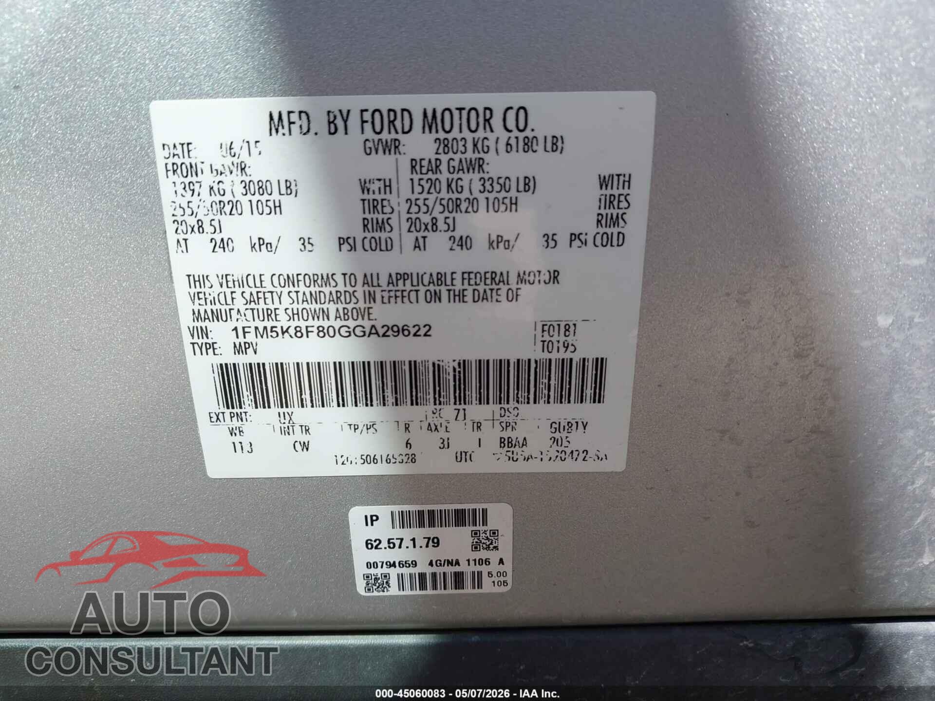 FORD EXPLORER 2016 - 1FM5K8F80GGA29622
