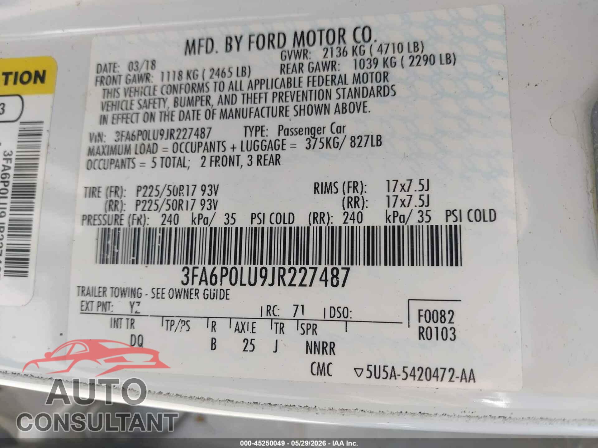 FORD FUSION HYBRID 2018 - 3FA6P0LU9JR227487