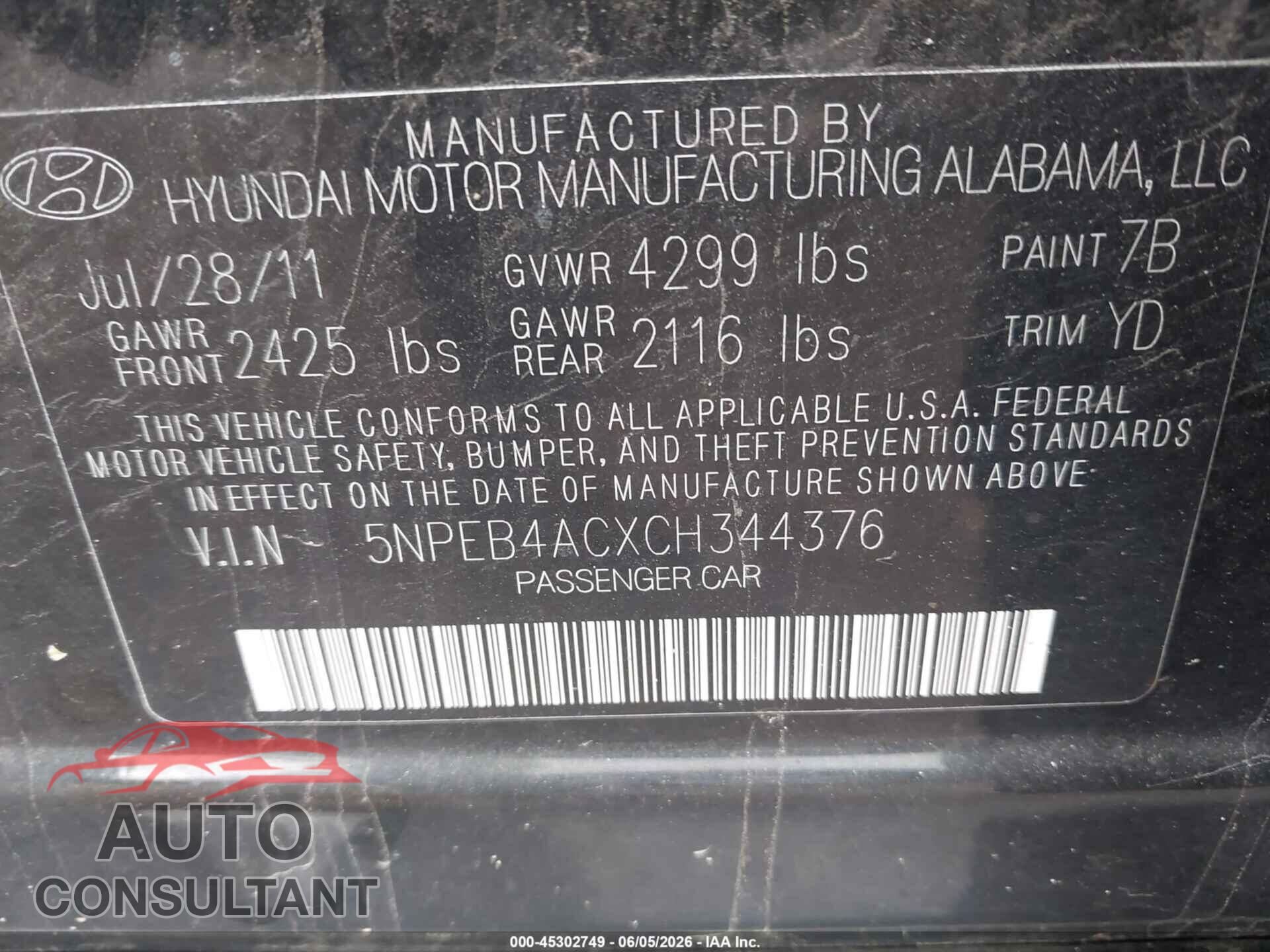 HYUNDAI SONATA 2012 - 5NPEB4ACXCH344376