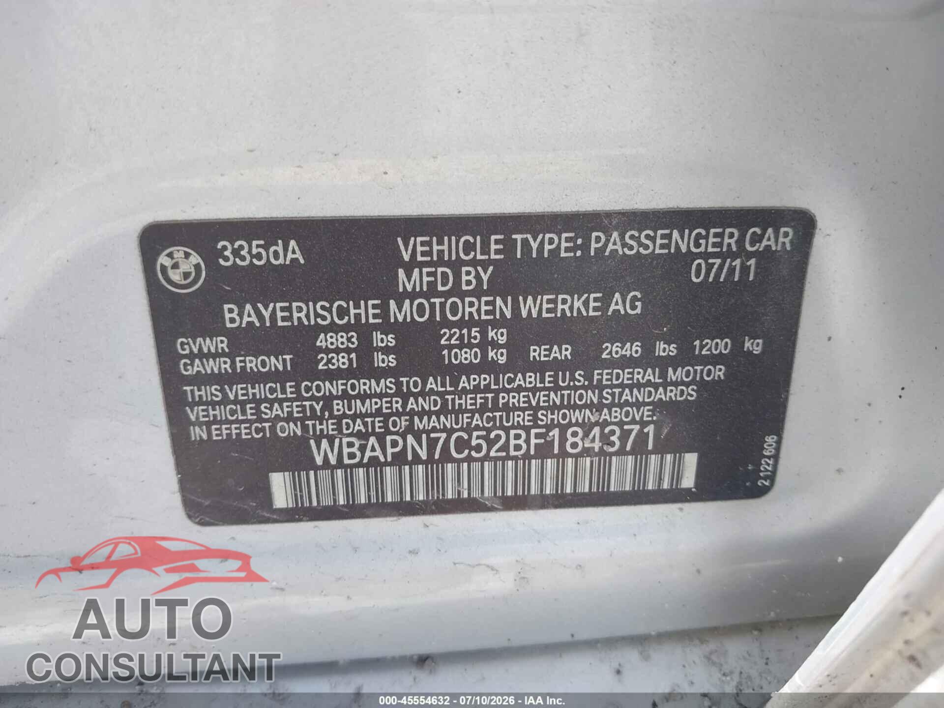BMW 335D 2011 - WBAPN7C52BF184371