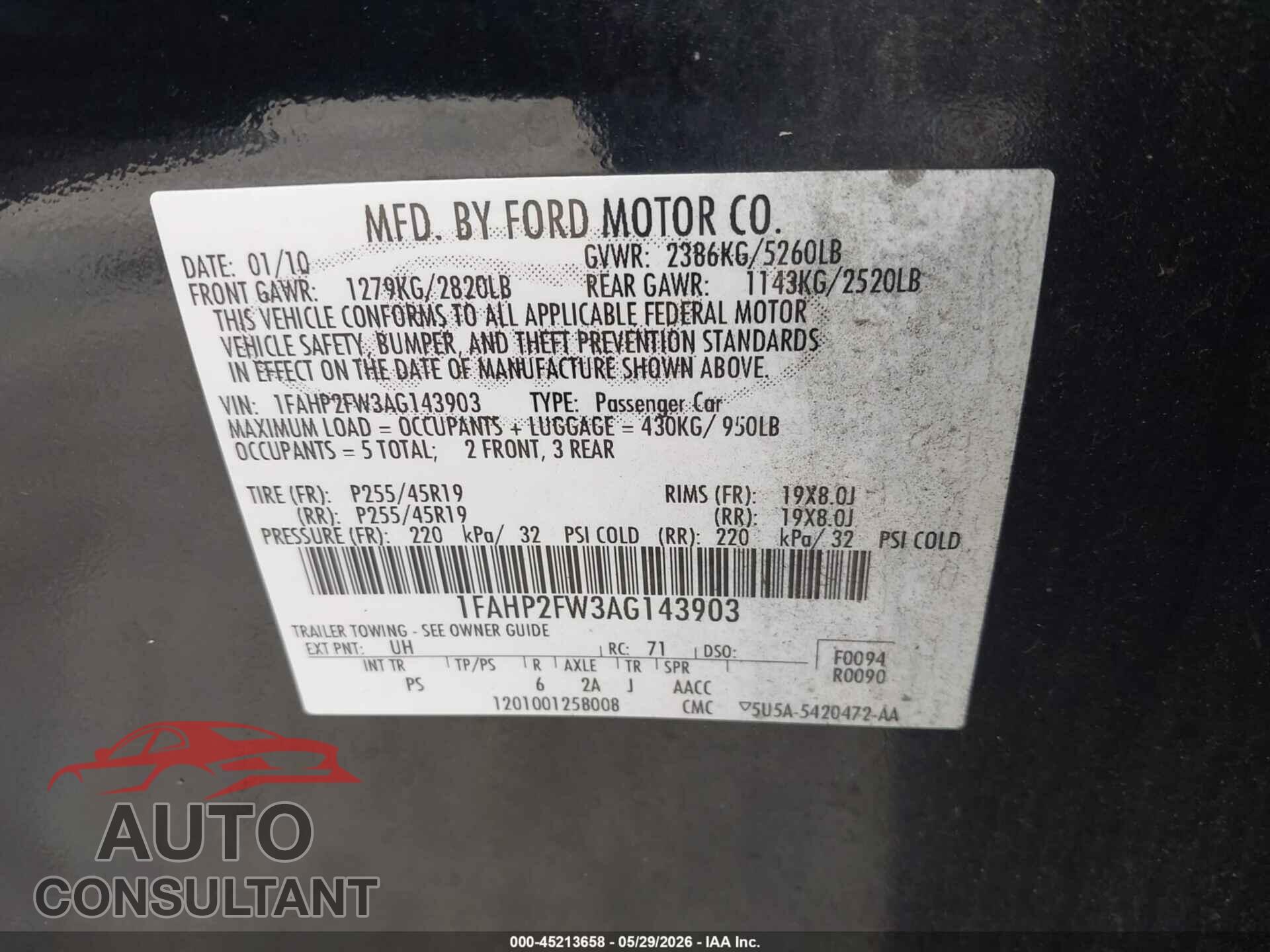FORD TAURUS 2010 - 1FAHP2FW3AG143903