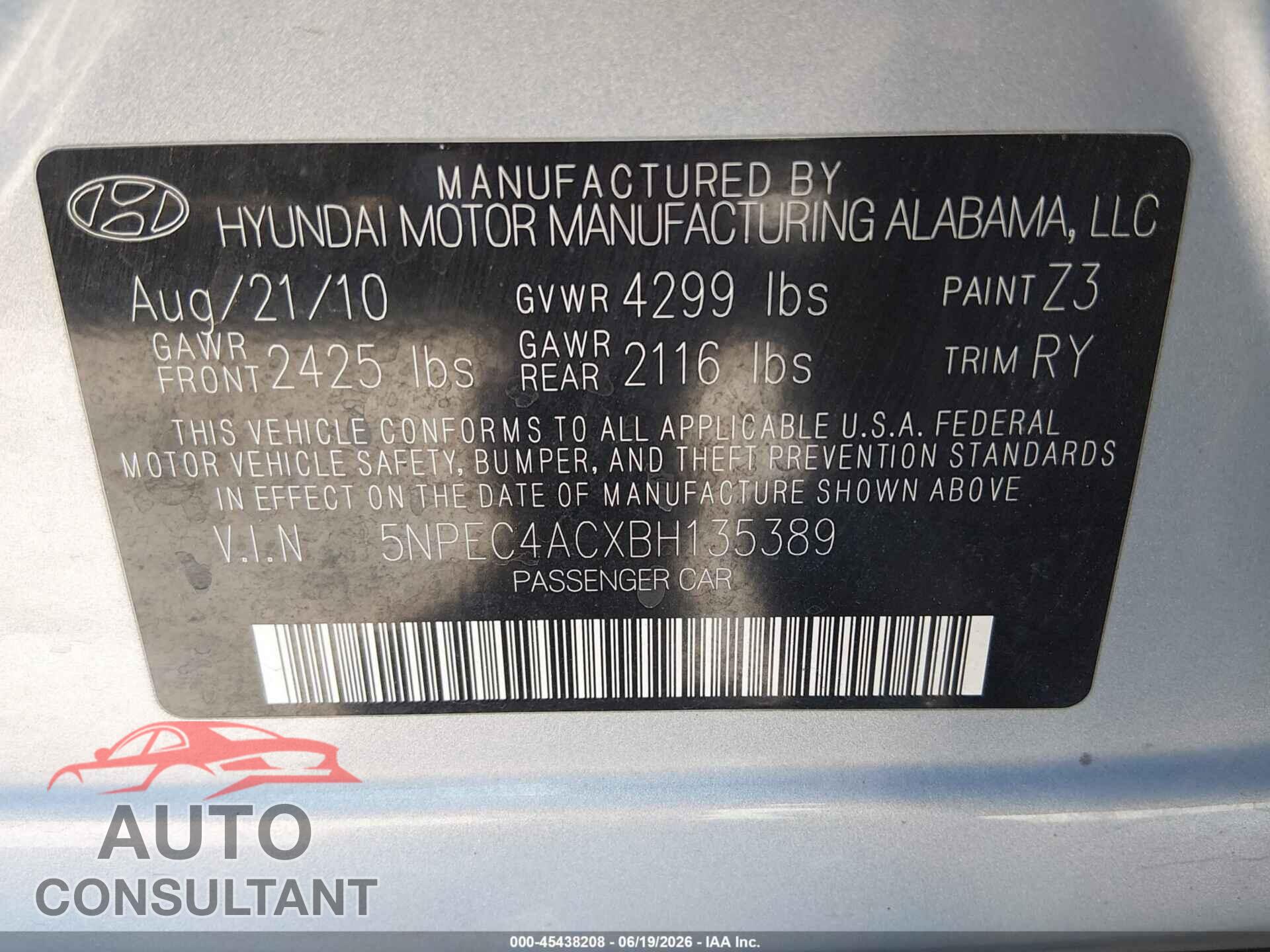 HYUNDAI SONATA 2011 - 5NPEC4ACXBH135389