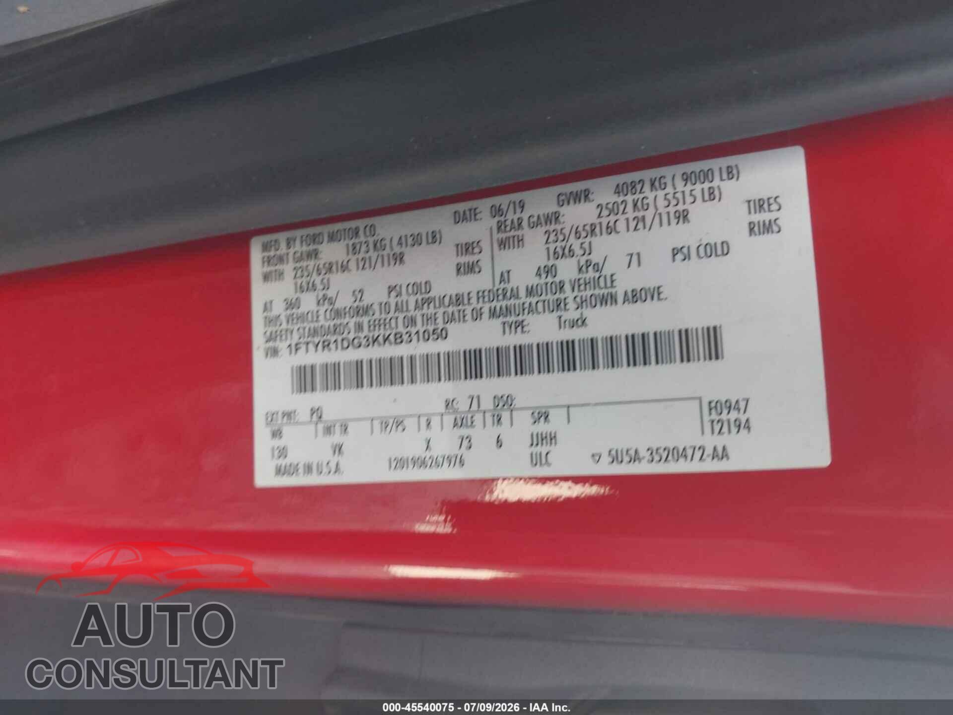 FORD TRANSIT-250 2019 - 1FTYR1DG3KKB31050